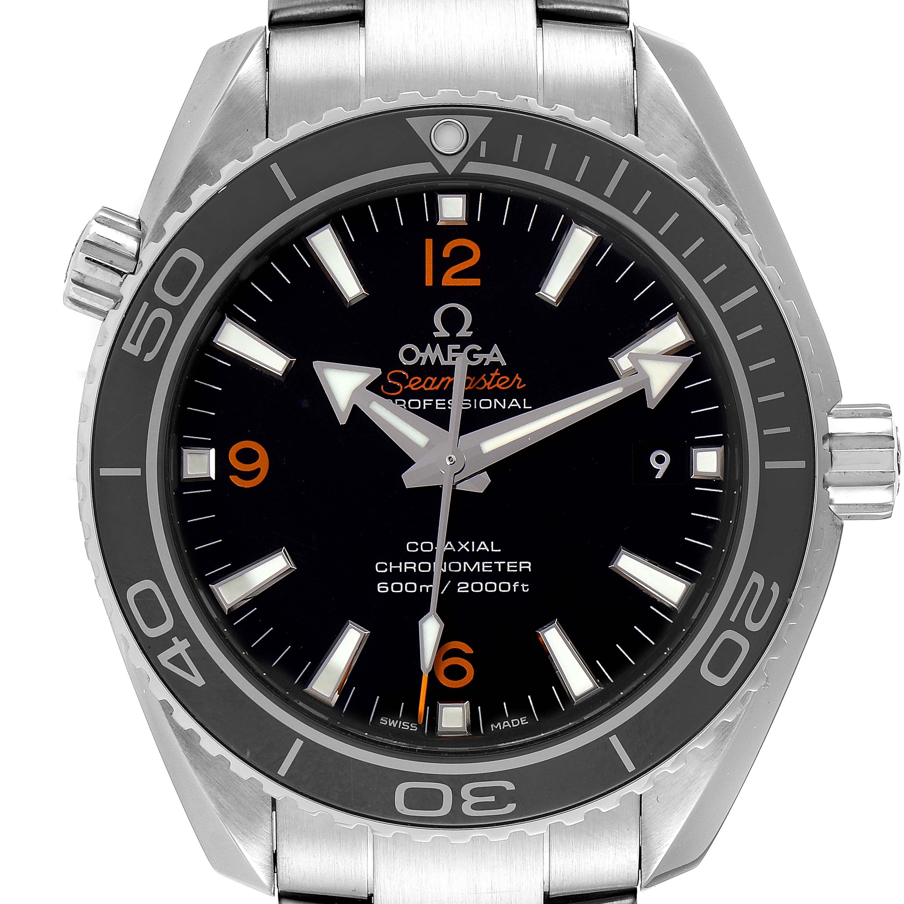 This image shows a front view of the Omega Planet Ocean 232.30.42.21.01.003 Men
s Stainless Steel Black Dial 232.30.42.21.01.003 Men
s Stainless Steel Black Dial model watch with its black dial, bezel, and stainless steel bracelet.
