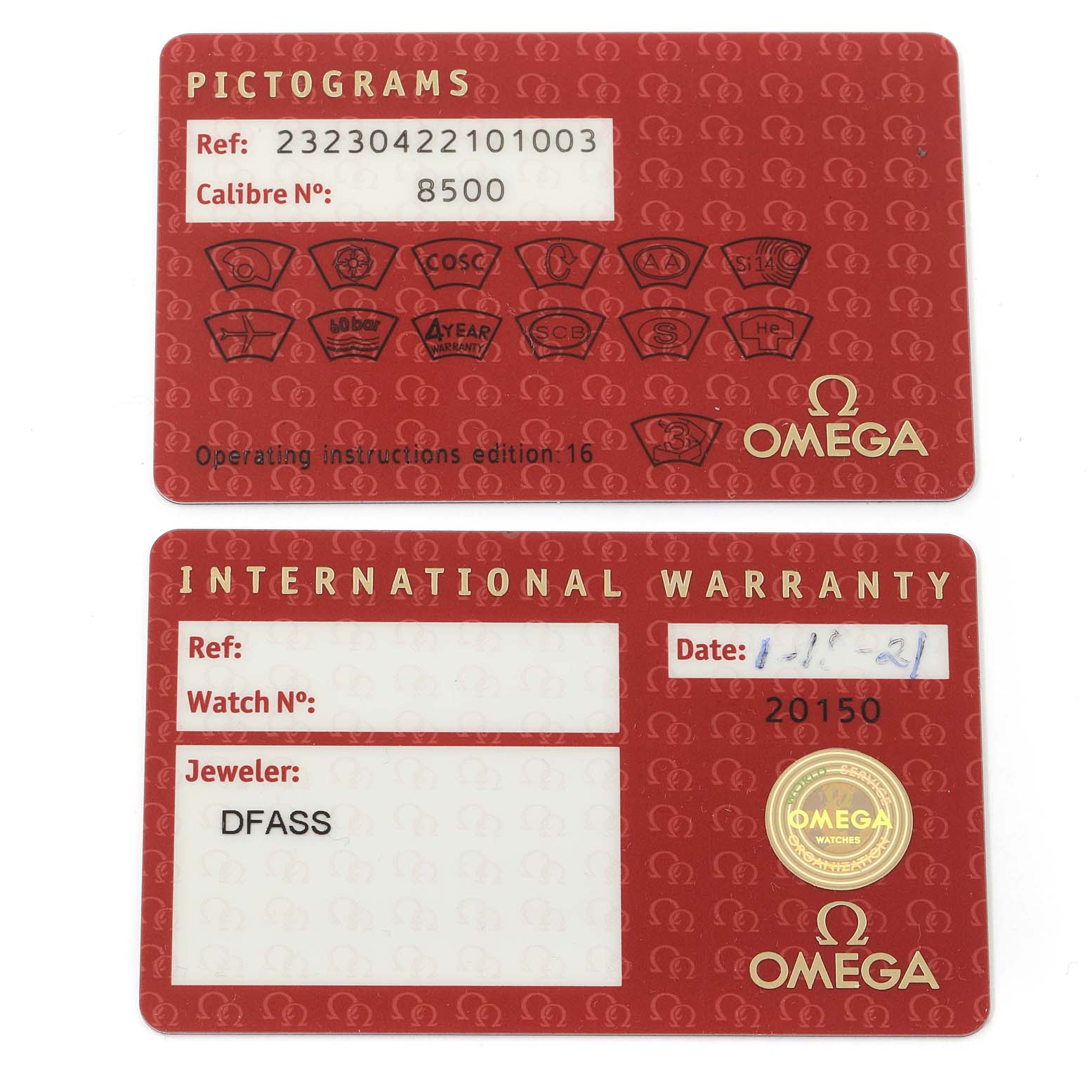 The image displays the Omega Planet Ocean 232.30.42.21.01.003 Men
s Stainless Steel Black Dial 232.30.42.21.01.003 Men
s Stainless Steel Black Dial watch
s pictograms and international warranty cards.