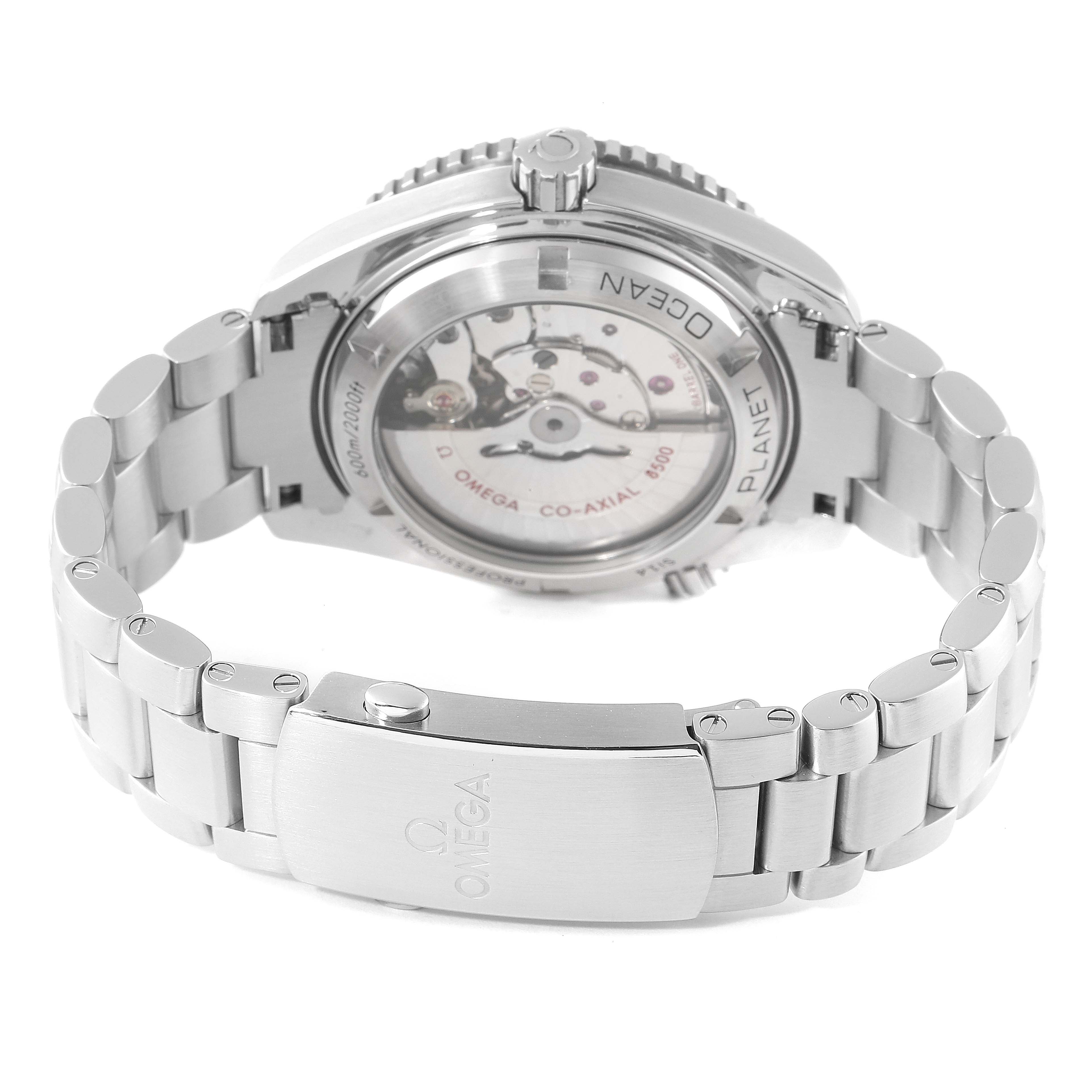 The image shows the back view of the Omega Planet Ocean 232.30.42.21.01.003 Men
s Stainless Steel Black Dial 232.30.42.21.01.003 Men
s Stainless Steel Black Dial watch showcasing its transparent case back and stainless steel bracelet.