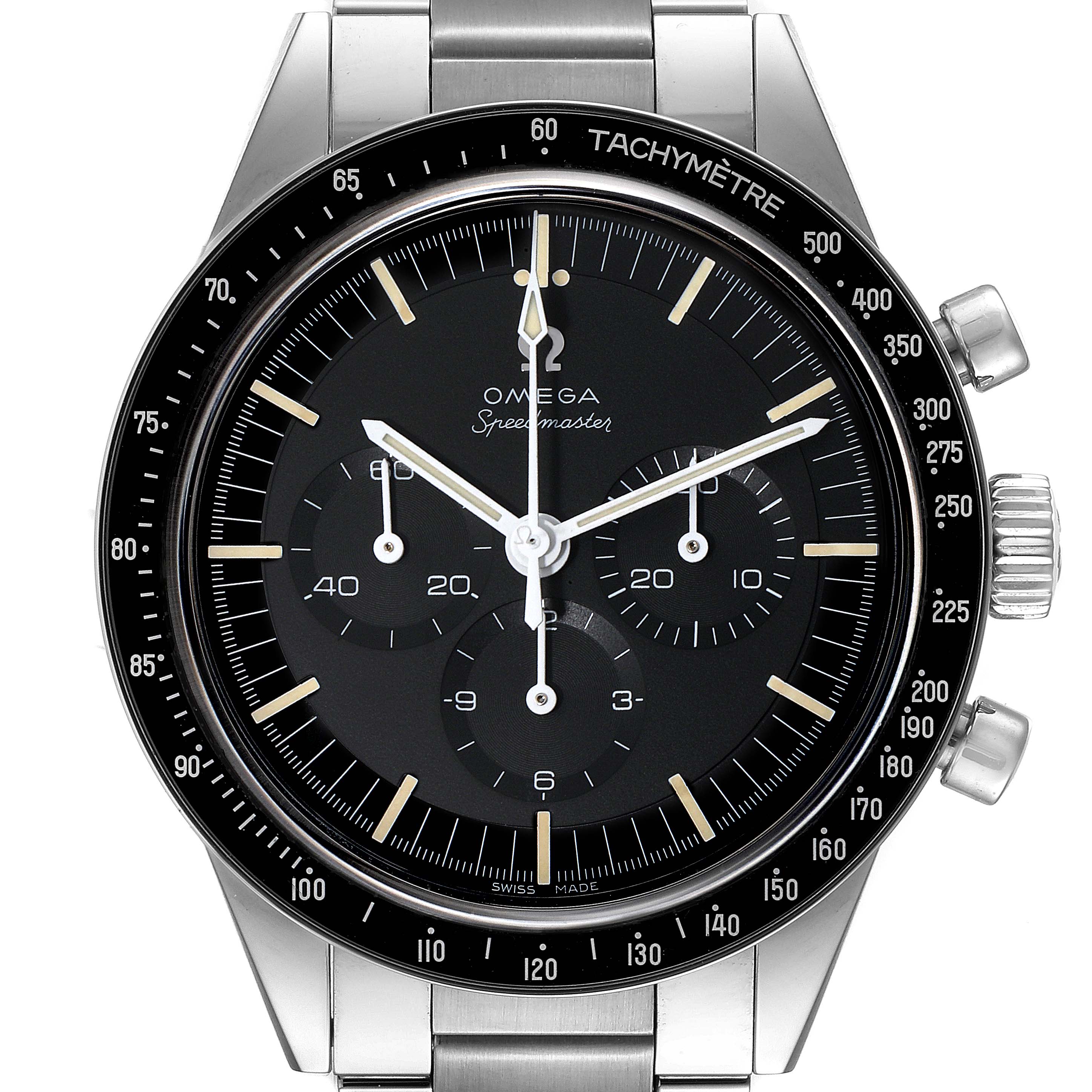 The image shows the front view of an Omega Speedmaster 311.30.40.30.01.001 Men
s Stainless Steel Black Dial 311.30.40.30.01.001 Men
s Stainless Steel Black Dial watch, highlighting the dial, subdials, tachymeter bezel, and crown.