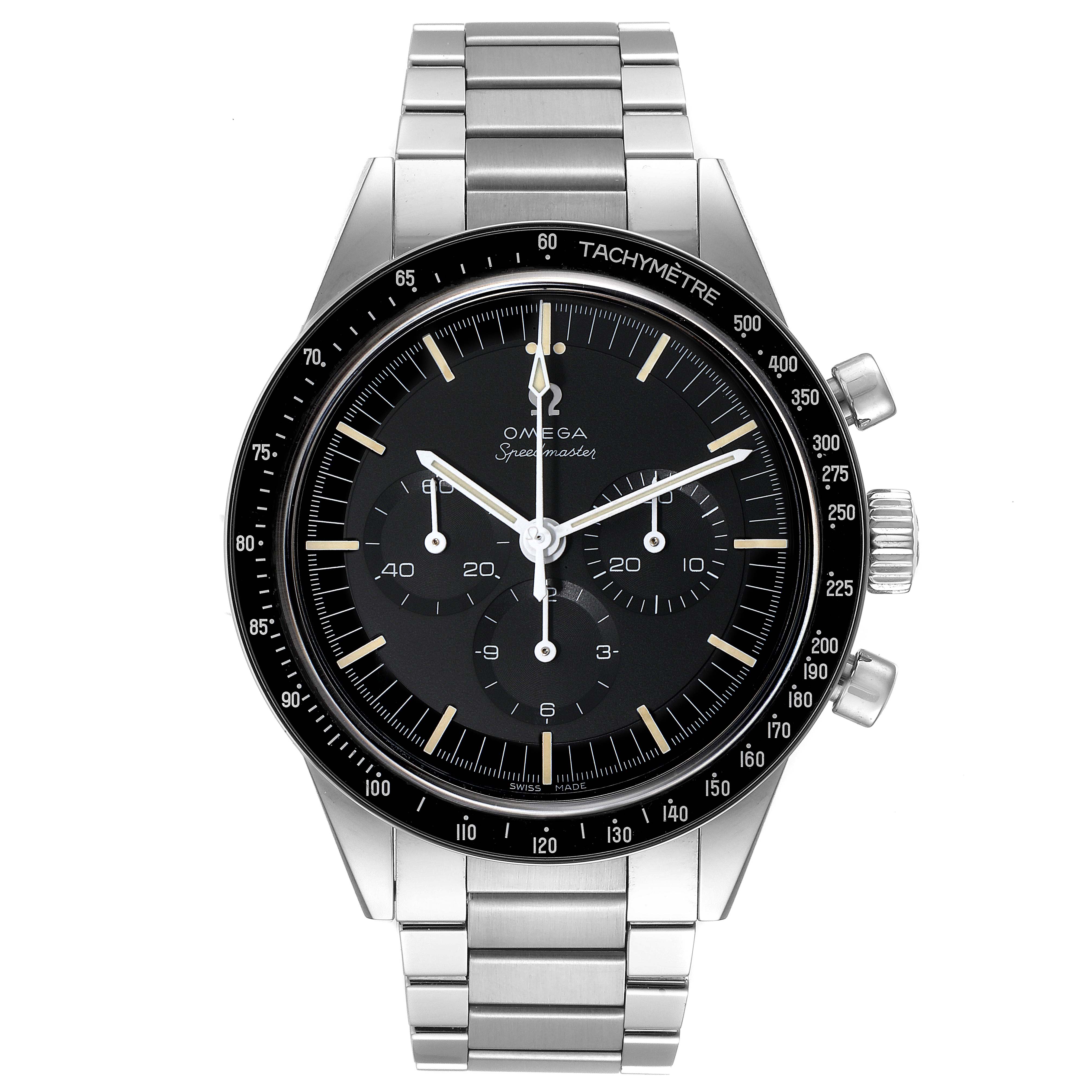 This Omega Speedmaster 311.30.40.30.01.001 Men
s Stainless Steel Black Dial 311.30.40.30.01.001 Men
s Stainless Steel Black Dial watch is shown from a straight-on angle, displaying the dial, tachymeter bezel, and bracelet.