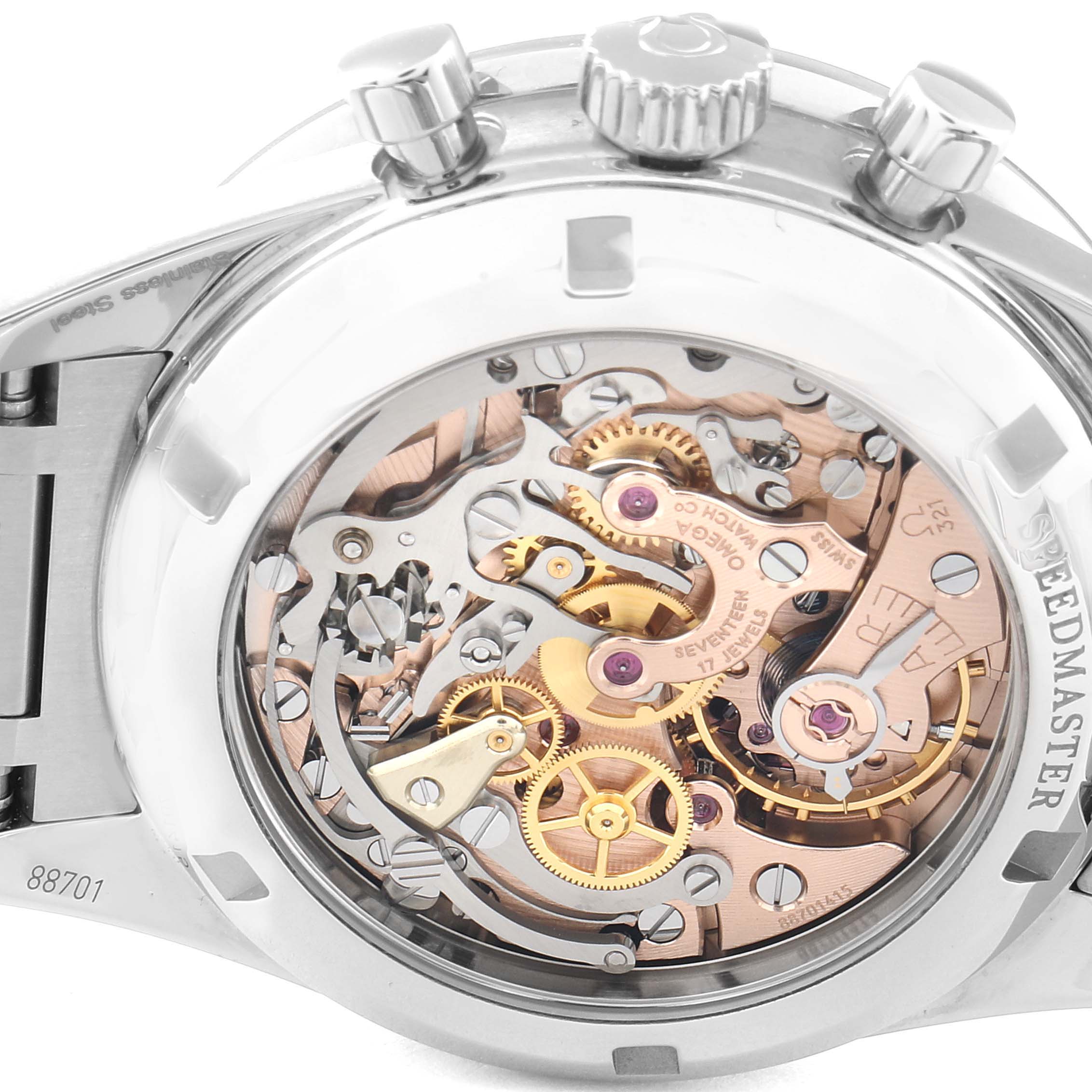 The image shows the case back view of an Omega Speedmaster 311.30.40.30.01.001 Men
s Stainless Steel Black Dial 311.30.40.30.01.001 Men
s Stainless Steel Black Dial watch, revealing its intricate mechanical movement.