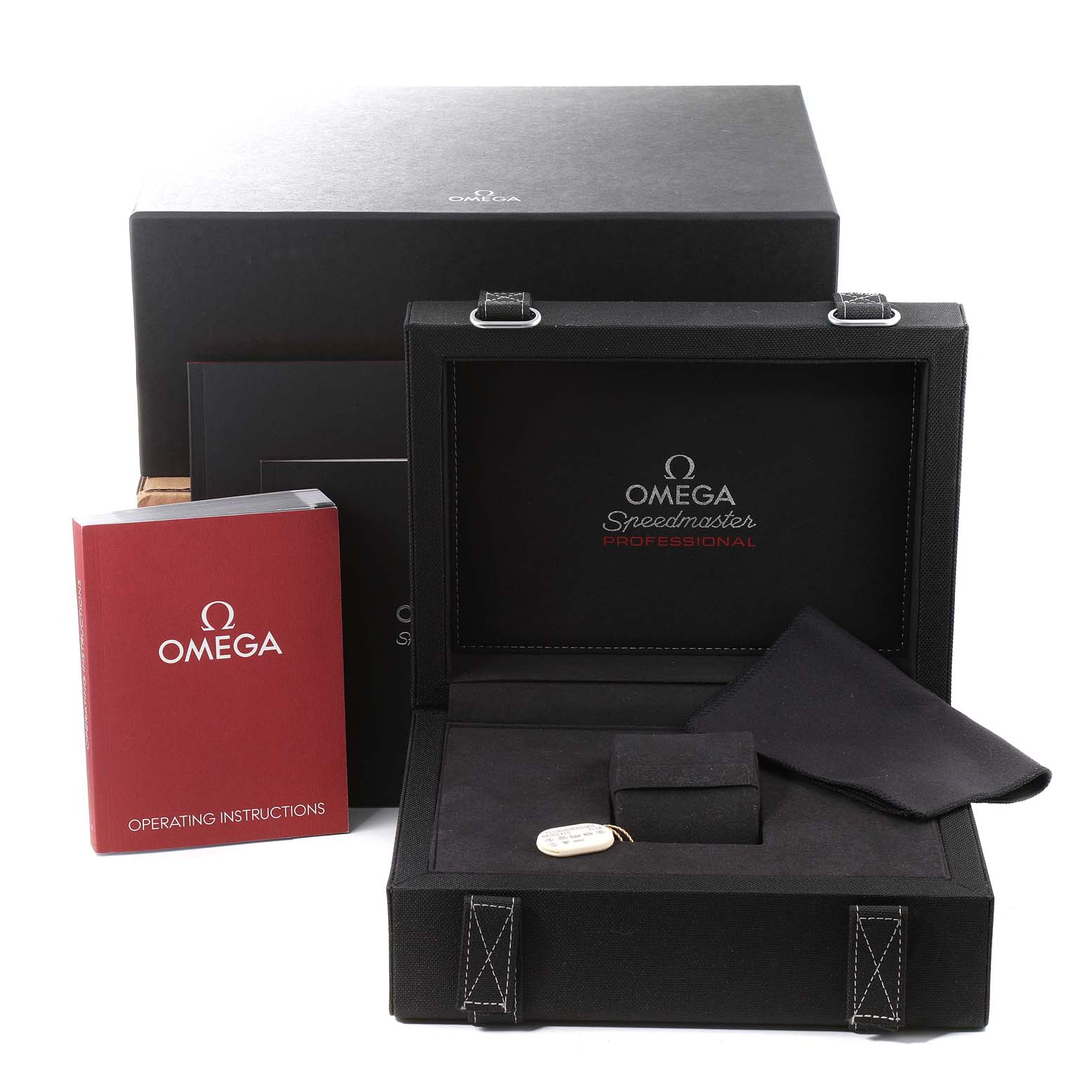 This image shows the box set of an Omega Speedmaster 311.30.40.30.01.001 Men
s Stainless Steel Black Dial 311.30.40.30.01.001 Men
s Stainless Steel Black Dial Professional, including the outer box, instruction manual, and inner presentation case.