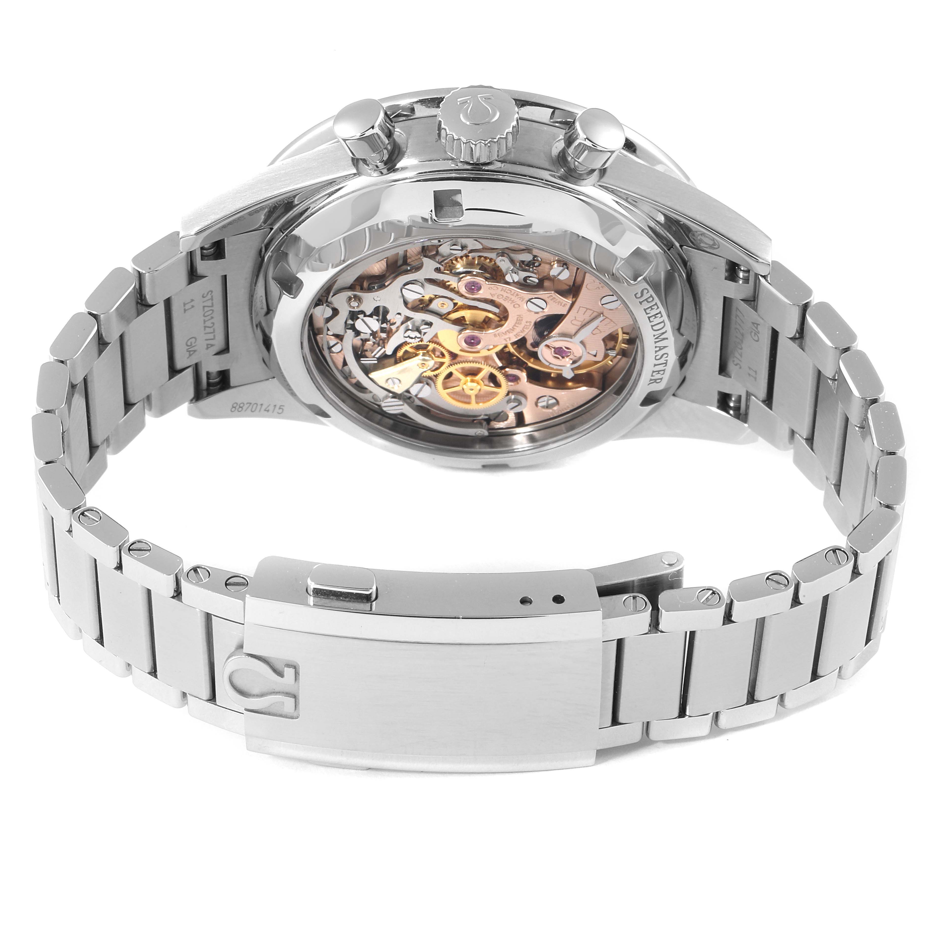 The image shows the back view of the Omega Speedmaster 311.30.40.30.01.001 Men
s Stainless Steel Black Dial 311.30.40.30.01.001 Men
s Stainless Steel Black Dial, revealing its transparent case back and stainless steel bracelet.