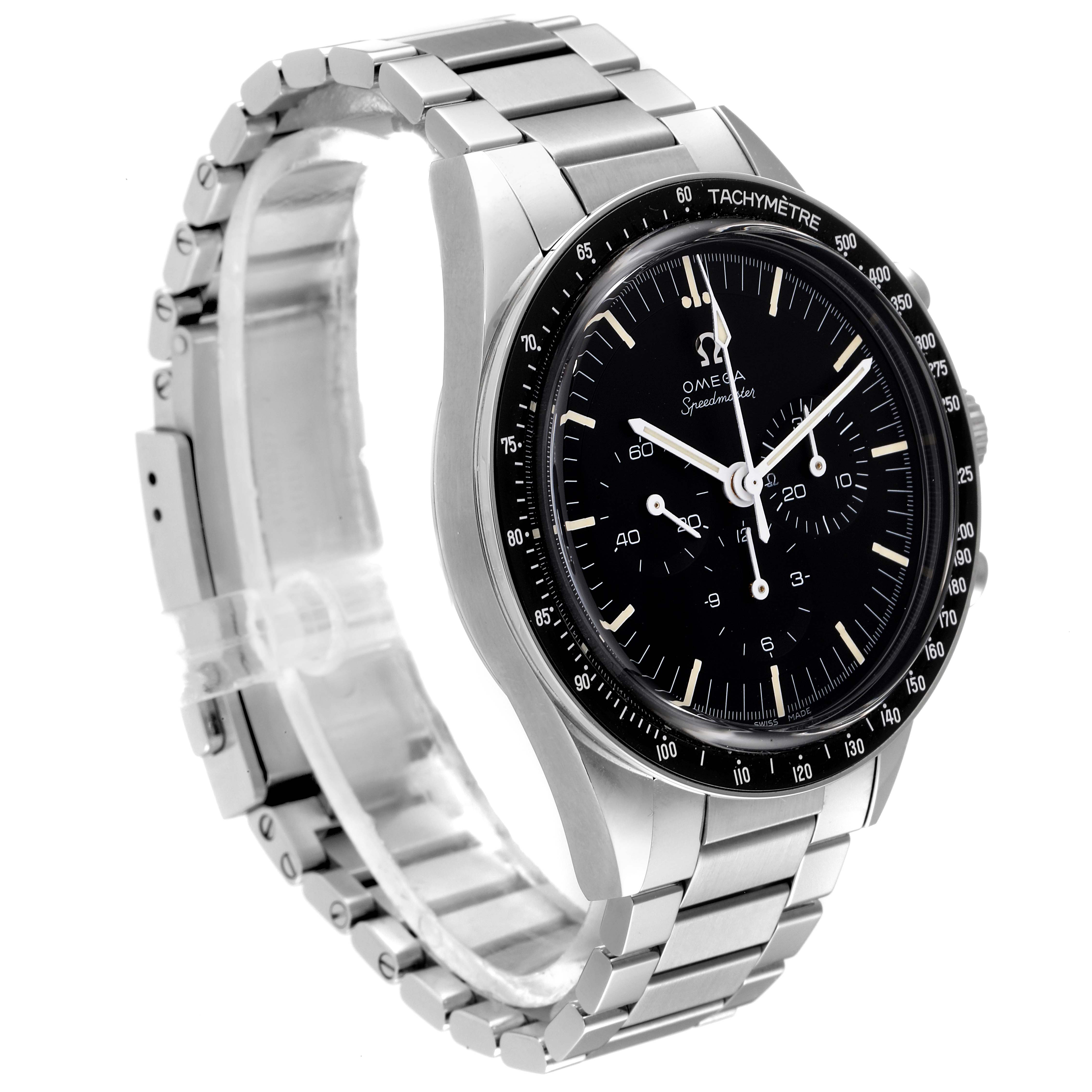 The image shows an Omega Speedmaster 311.30.40.30.01.001 Men
s Stainless Steel Black Dial 311.30.40.30.01.001 Men
s Stainless Steel Black Dial watch at a front-side angle, highlighting its black dial, tachymeter bezel, and stainless steel bracelet.