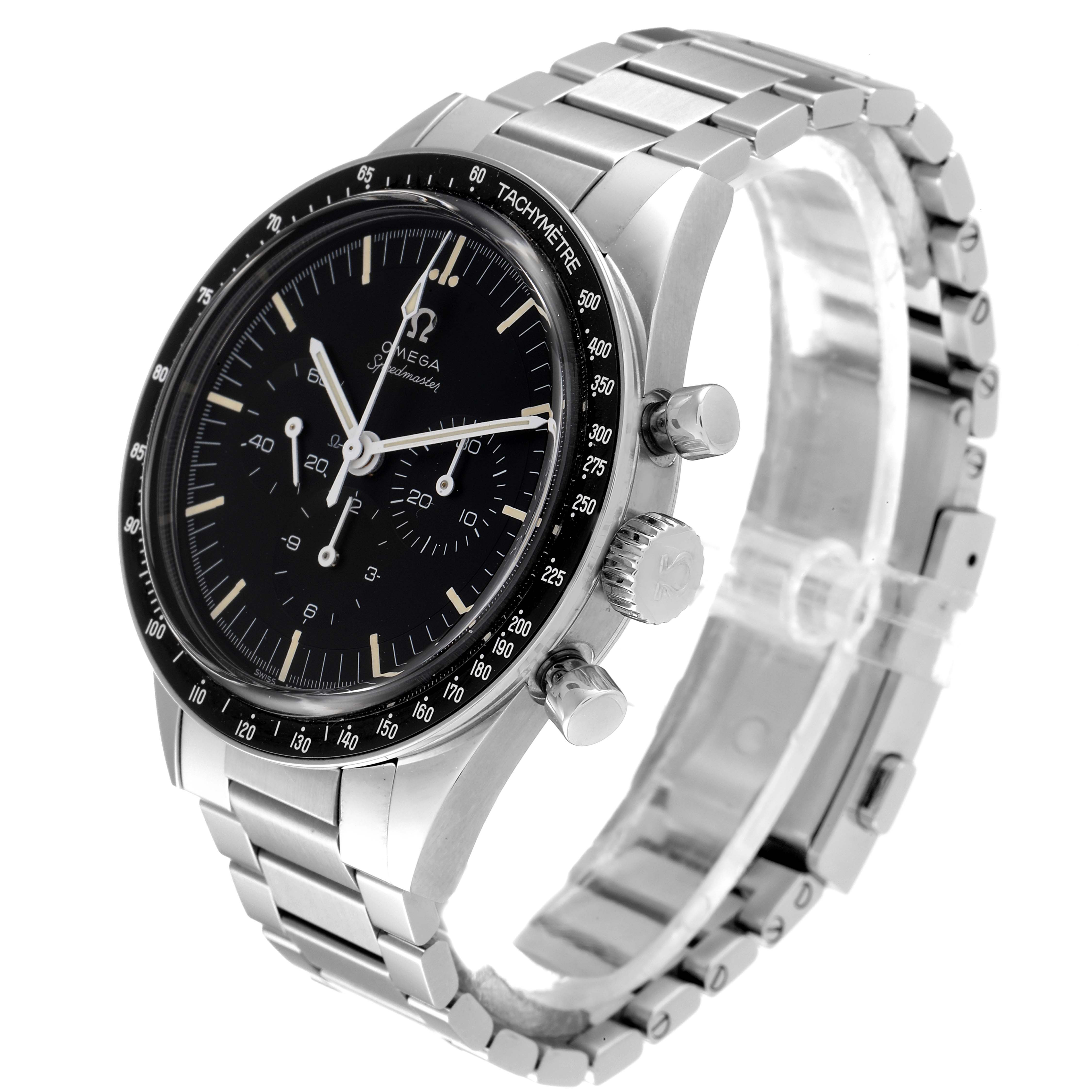 The Omega Speedmaster 311.30.40.30.01.001 Men
s Stainless Steel Black Dial 311.30.40.30.01.001 Men
s Stainless Steel Black Dial watch is shown at a slight angle, highlighting its black dial, tachymeter bezel, and stainless steel bracelet.