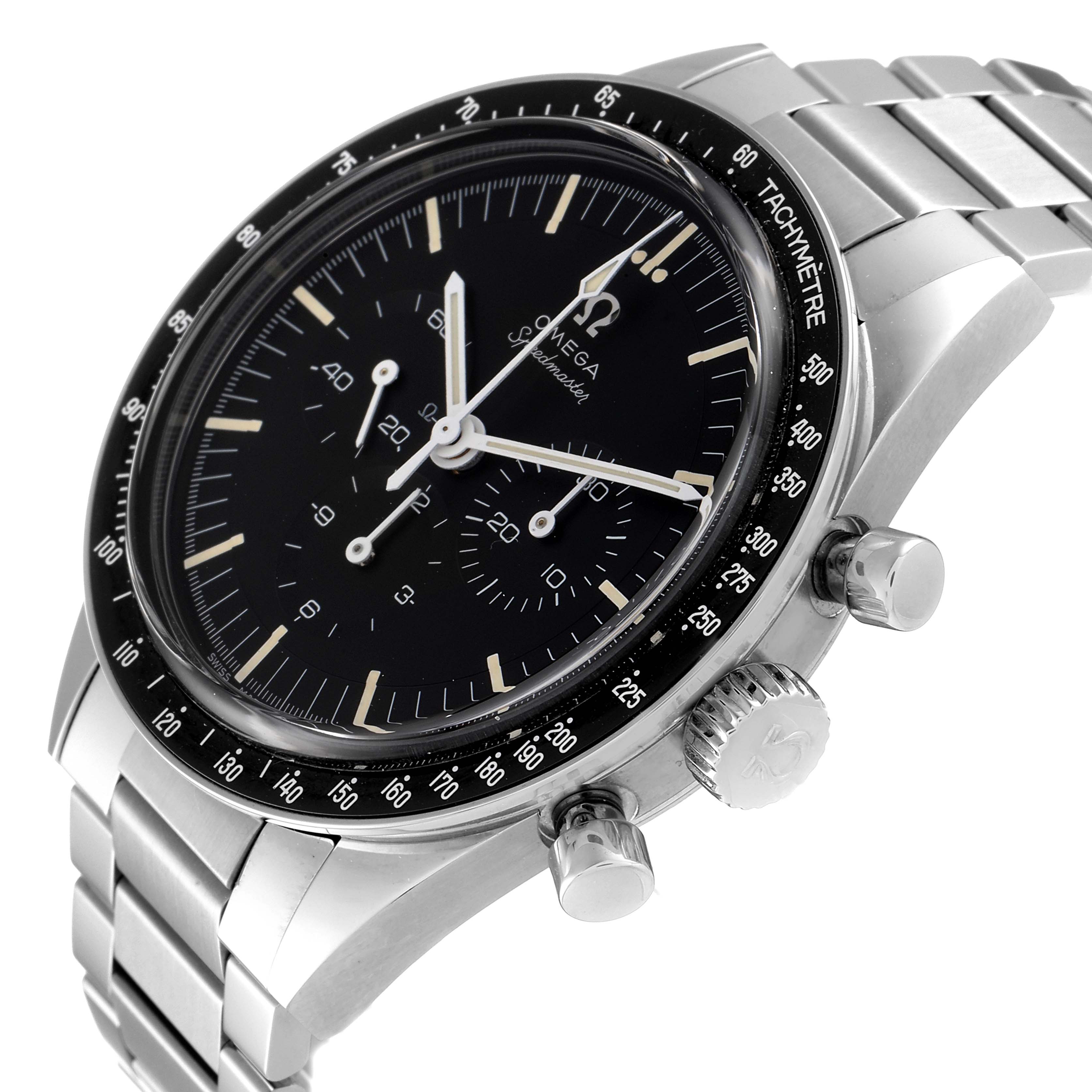 This image shows an angled, close-up view of the Omega Speedmaster 311.30.40.30.01.001 Men
s Stainless Steel Black Dial 311.30.40.30.01.001 Men
s Stainless Steel Black Dial watch, highlighting the bezel, dial, crown, and bracelet.