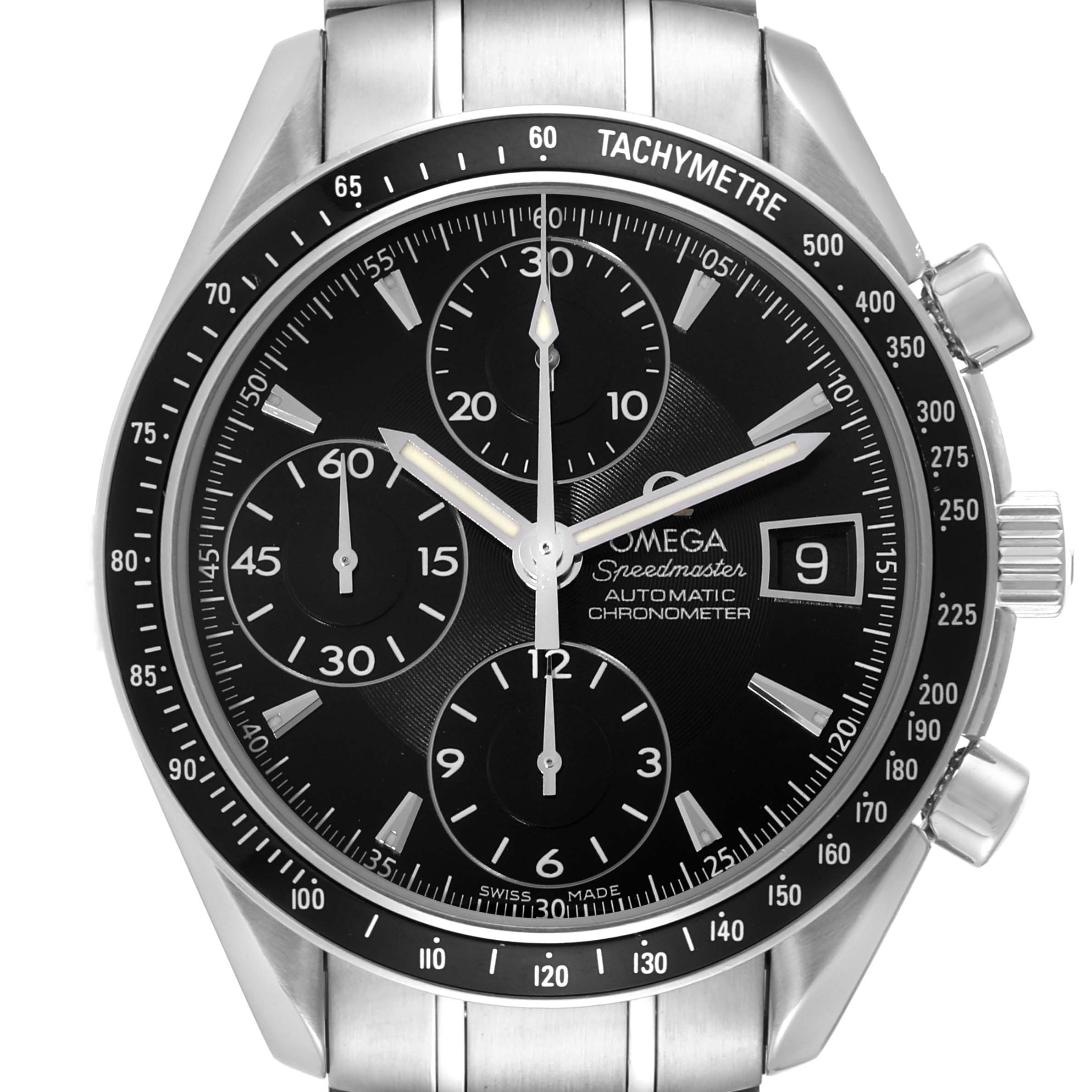 The image shows a front view of the Omega Speedmaster 3210.50.00 Men
s Stainless Steel Black Dial 3210.50.00 Men
s Stainless Steel Black Dial watch, highlighting the dials, tachymeter, and date window.