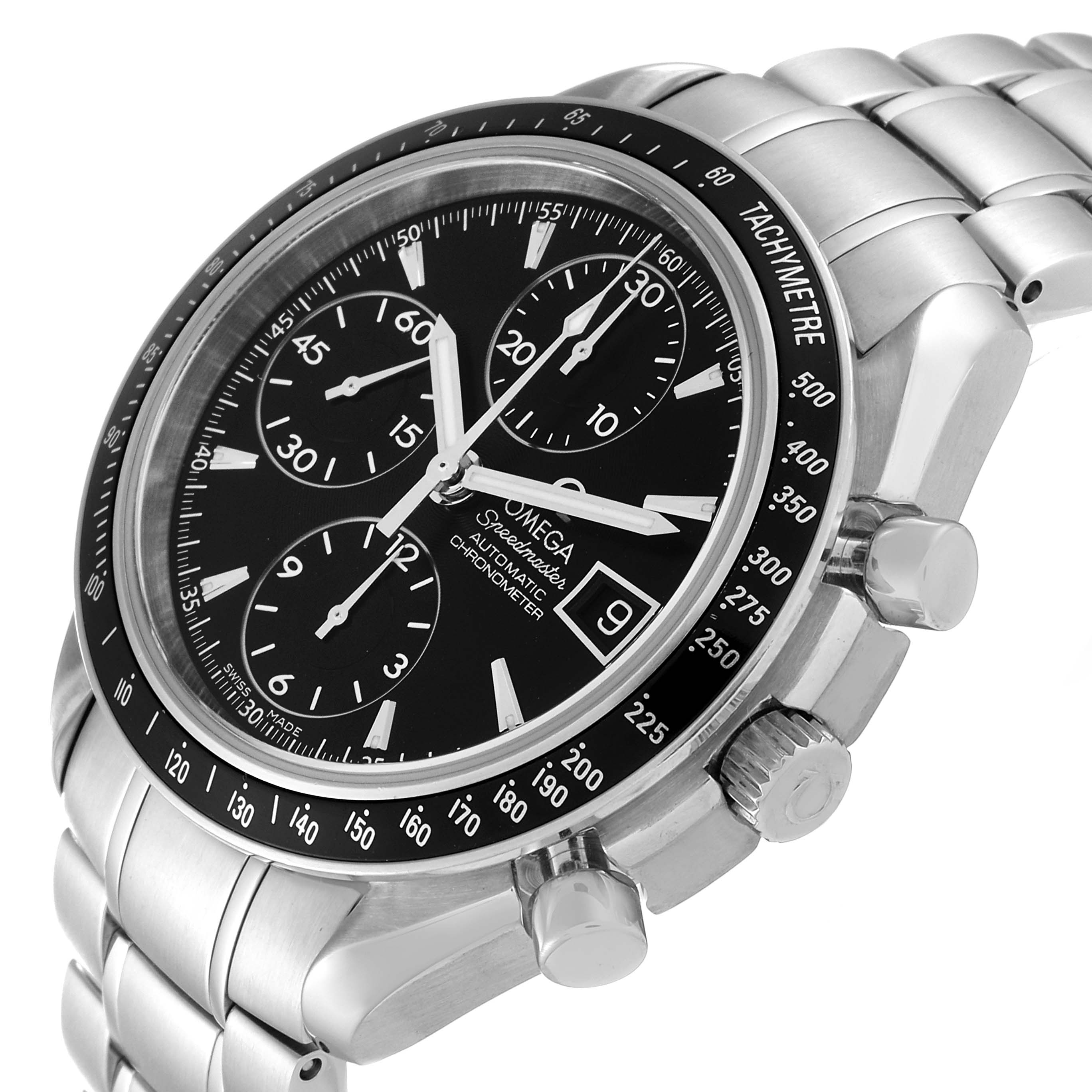 The image shows an angled view of the Omega Speedmaster 3210.50.00 Men
s Stainless Steel Black Dial 3210.50.00 Men
s Stainless Steel Black Dial watch, highlighting the dial, bezel, pushers, and bracelet.