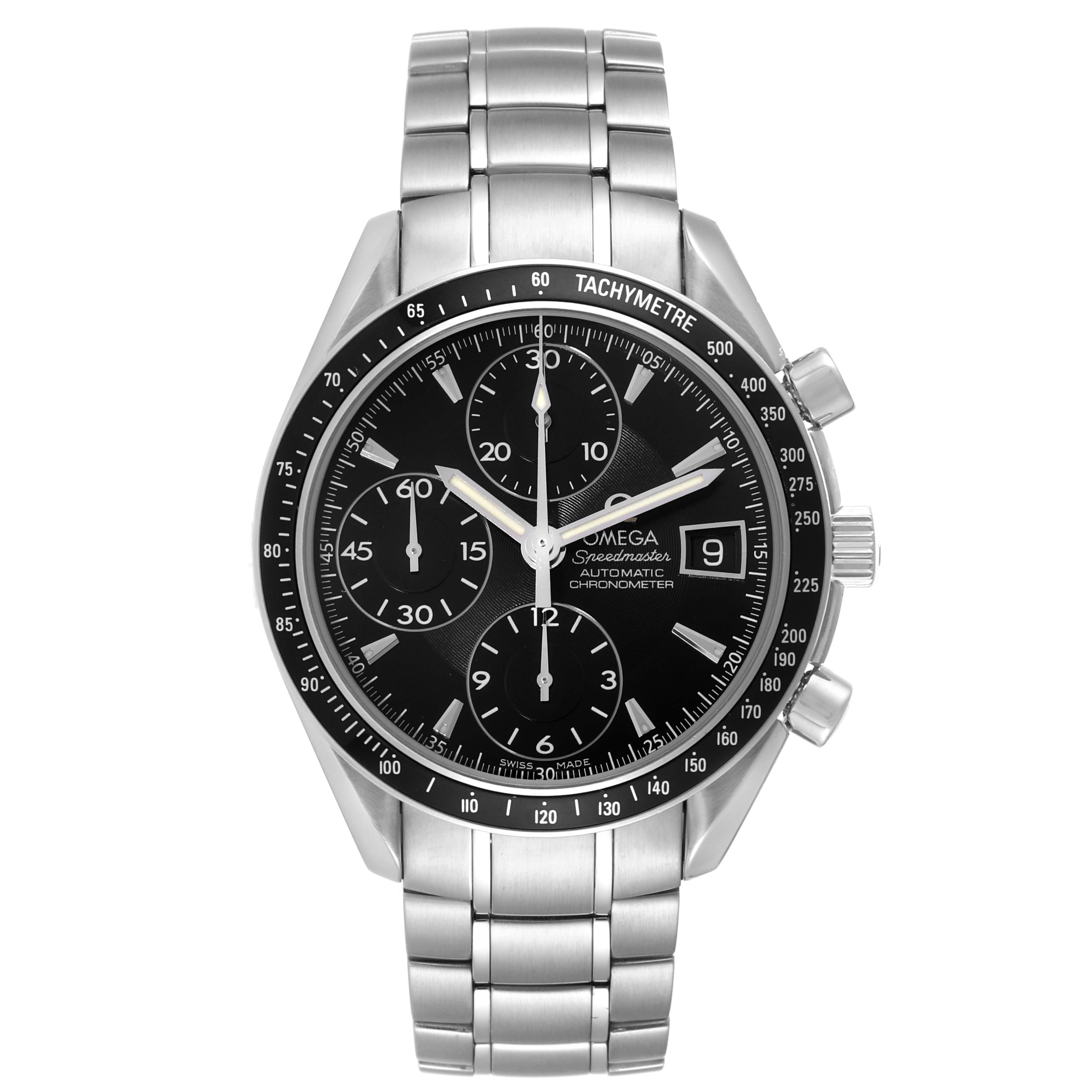 The image shows a front view of an Omega Speedmaster 3210.50.00 Men
s Stainless Steel Black Dial 3210.50.00 Men
s Stainless Steel Black Dial watch, highlighting the dial, sub-dials, bezel, and stainless steel bracelet.