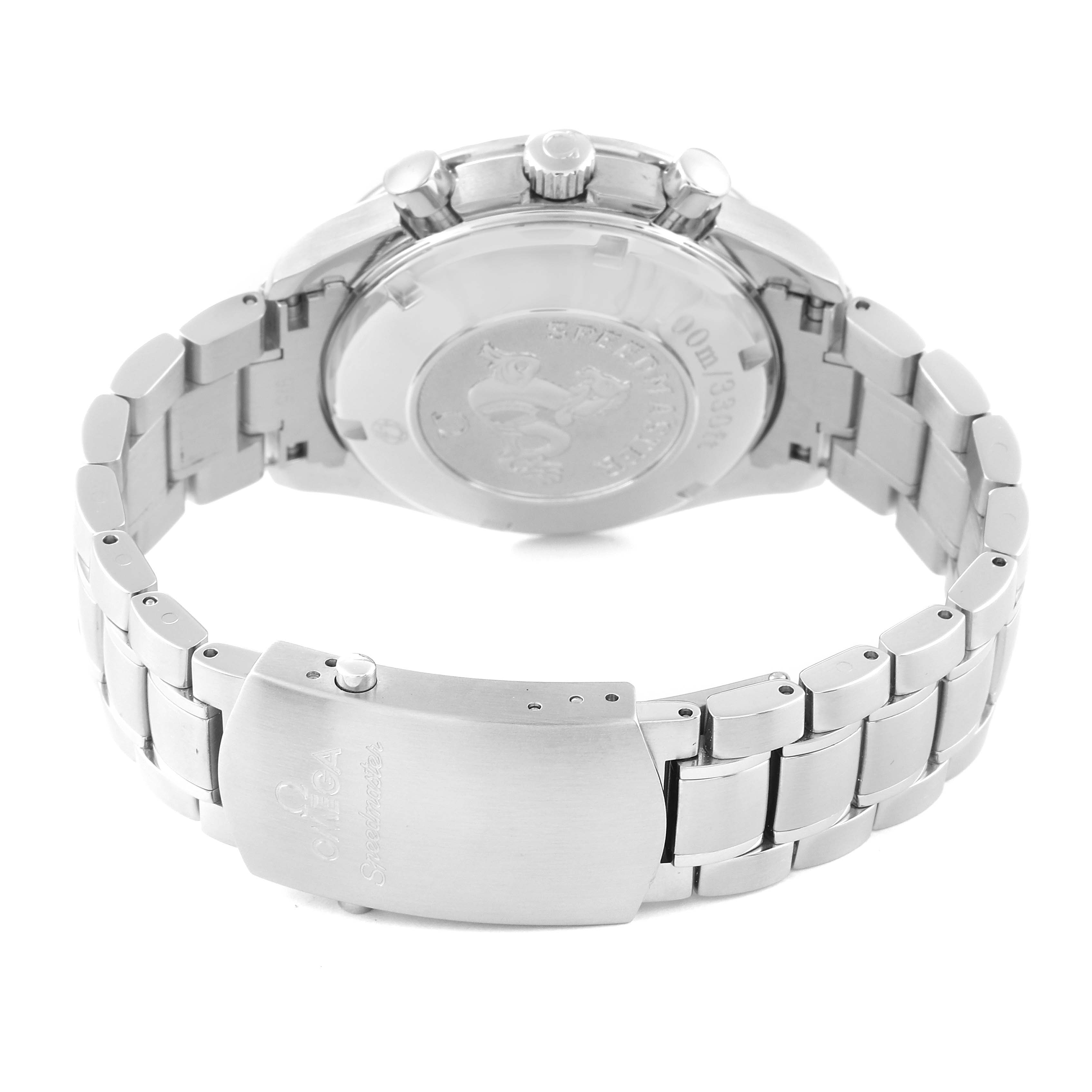 The image shows the back case, bracelet, and clasp of an Omega Speedmaster 3210.50.00 Men
s Stainless Steel Black Dial 3210.50.00 Men
s Stainless Steel Black Dial watch.