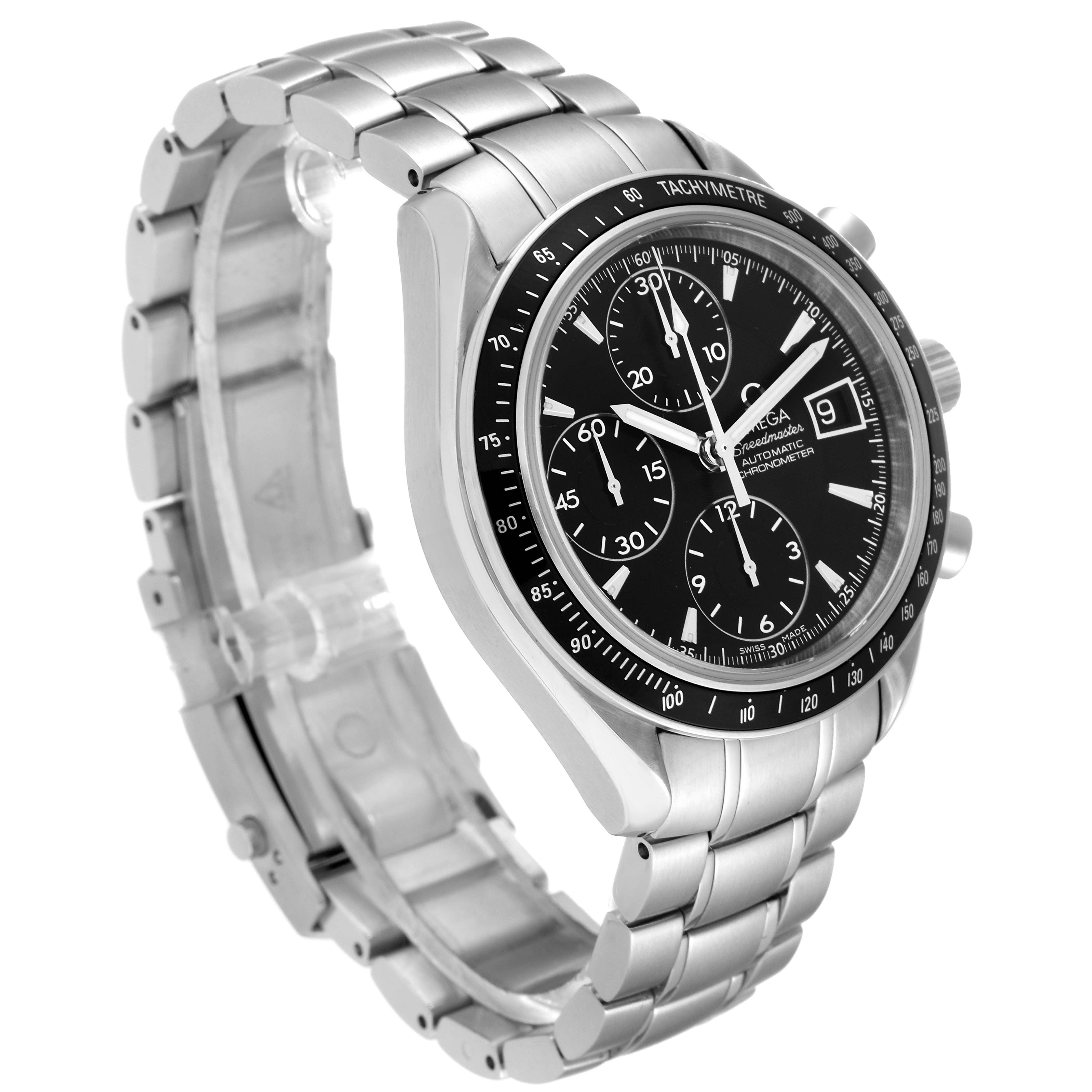 The image shows a side angle of the Omega Speedmaster 3210.50.00 Men
s Stainless Steel Black Dial 3210.50.00 Men
s Stainless Steel Black Dial watch, focusing on the face, bezel, and metal strap.