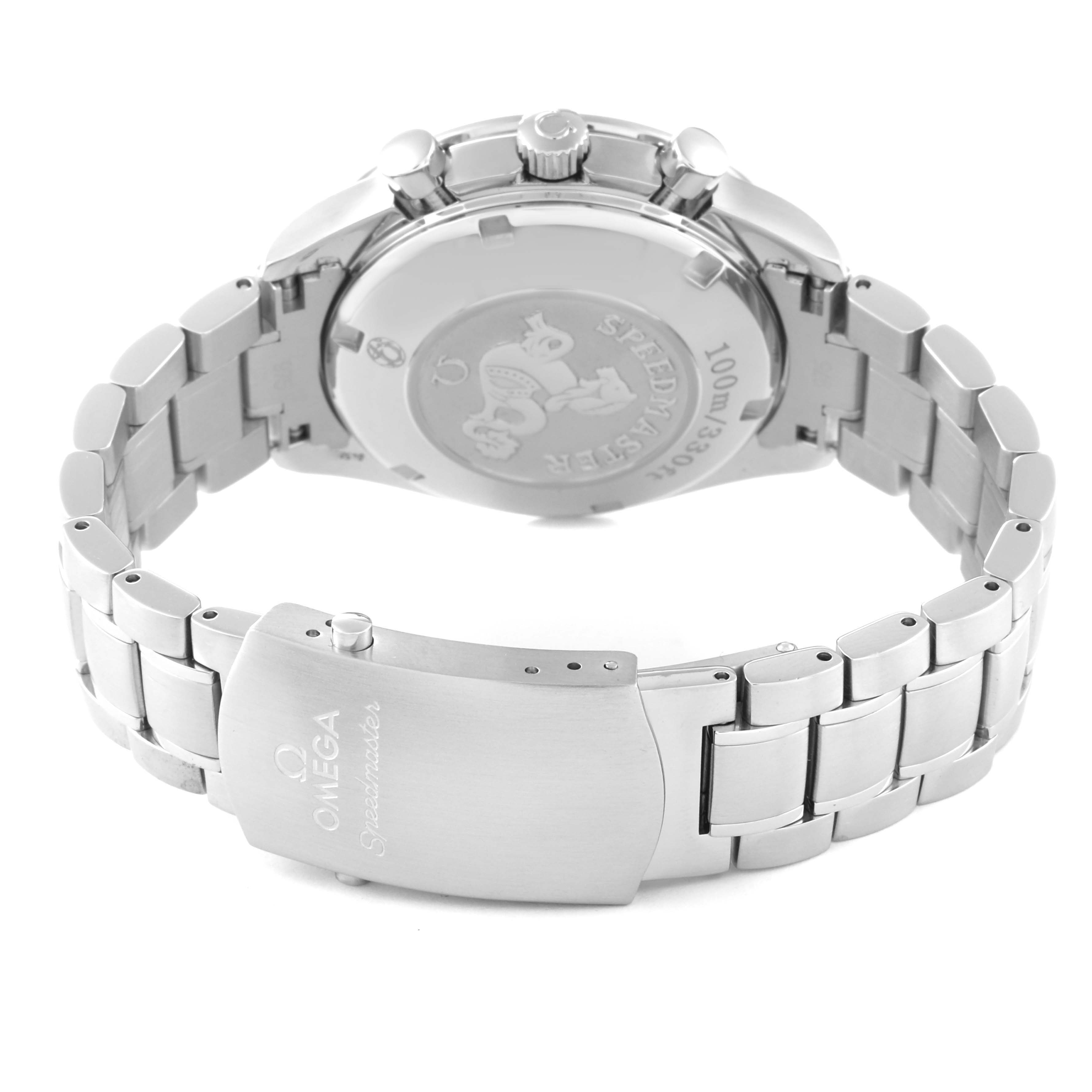 This image shows the back view of an Omega Speedmaster 3210.50.00 Men
s Stainless Steel Black Dial 3210.50.00 Men
s Stainless Steel Black Dial watch, highlighting the case back and bracelet with clasp.