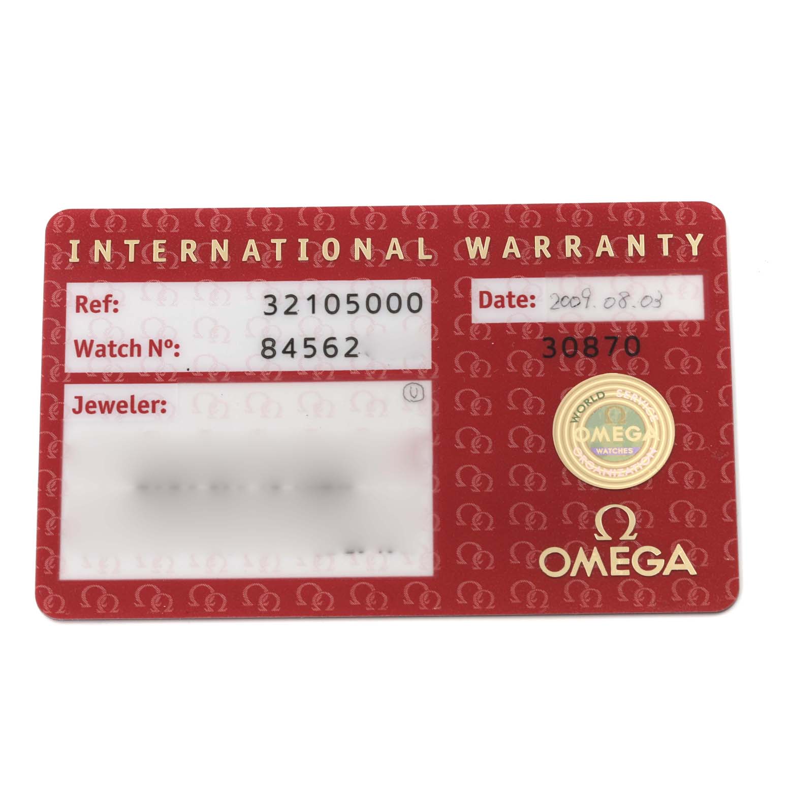 This image shows the international warranty card for the Omega Speedmaster 3210.50.00 Men
s Stainless Steel Black Dial 3210.50.00 Men
s Stainless Steel Black Dial watch model, highlighting reference and watch numbers.