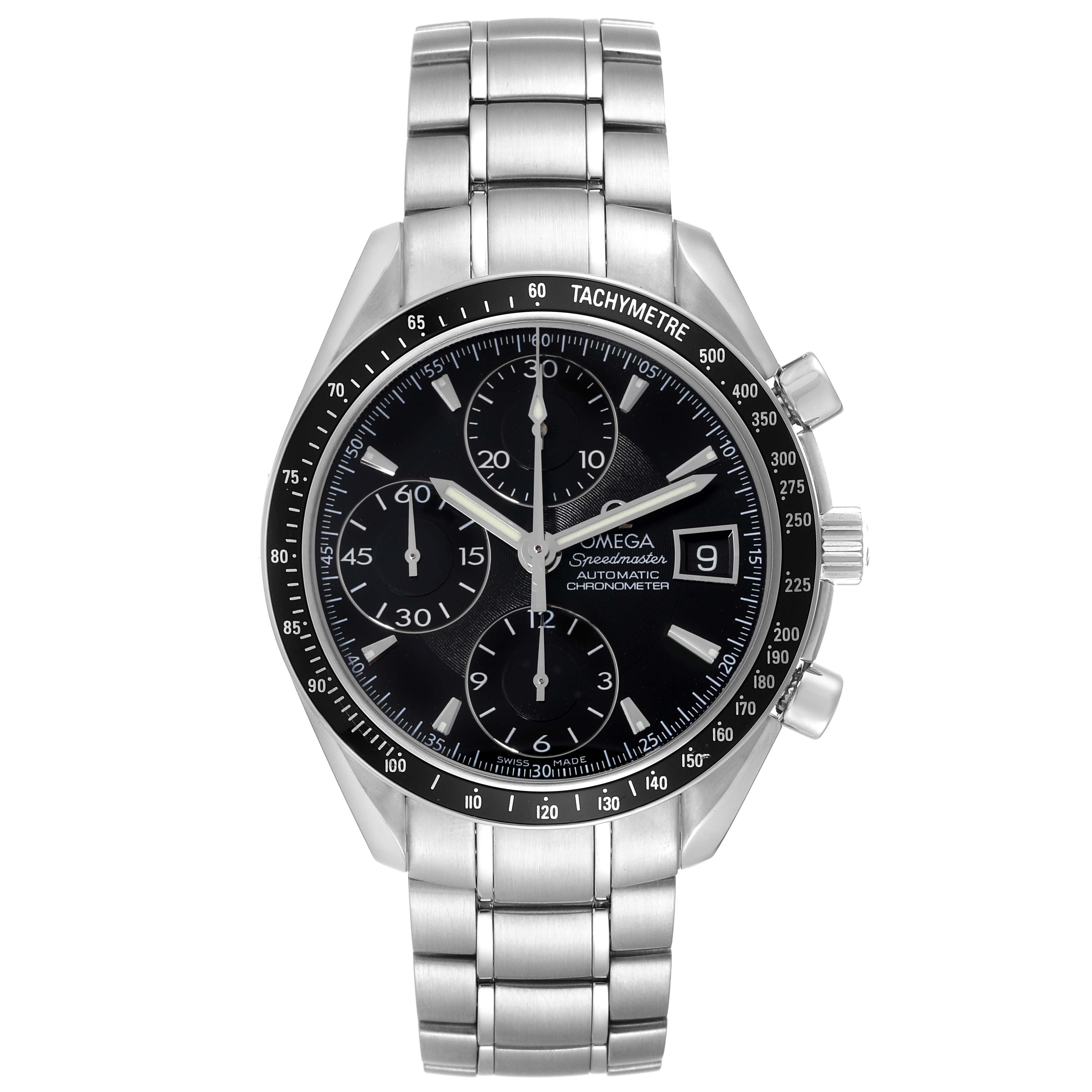 The Omega Speedmaster 3210.50.00 Men
s Stainless Steel Black Dial 3210.50.00 Men
s Stainless Steel Black Dial model is shown from a top-down angle, displaying the full face, bracelet, and side buttons.