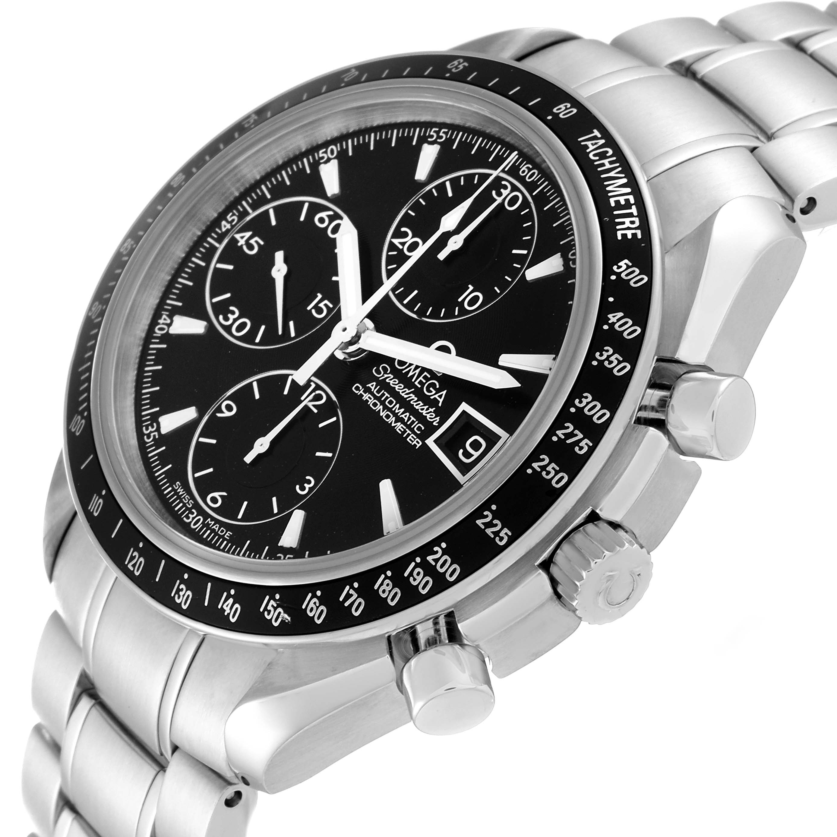 The image shows a side view of an Omega Speedmaster 3210.50.00 Men
s Stainless Steel Black Dial 3210.50.00 Men
s Stainless Steel Black Dial watch, highlighting the bezel, chronograph subdials, and bracelet.