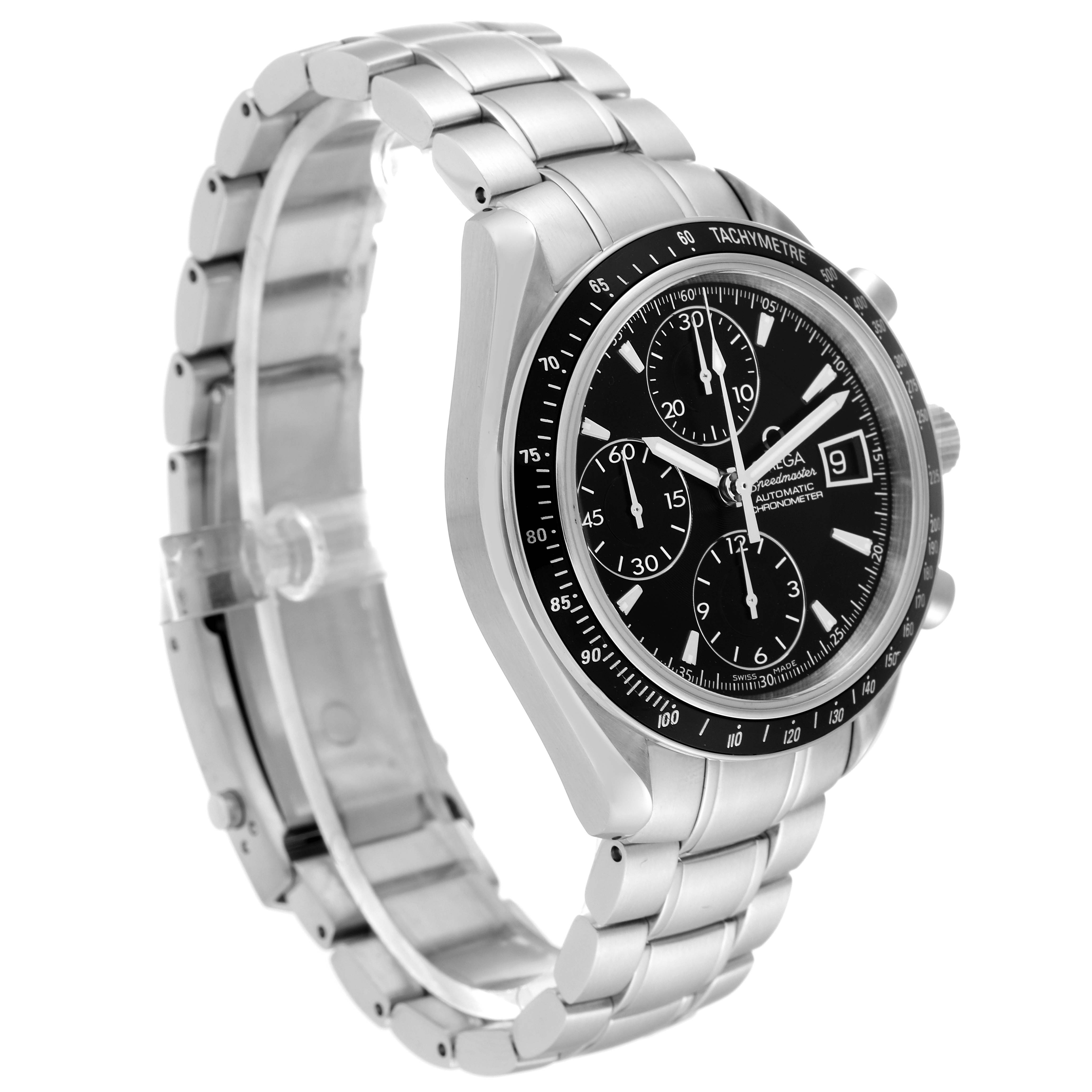This image shows a side angle of the Omega Speedmaster 3210.50.00 Men
s Stainless Steel Black Dial 3210.50.00 Men
s Stainless Steel Black Dial watch, highlighting its metal bracelet and chronograph dial.