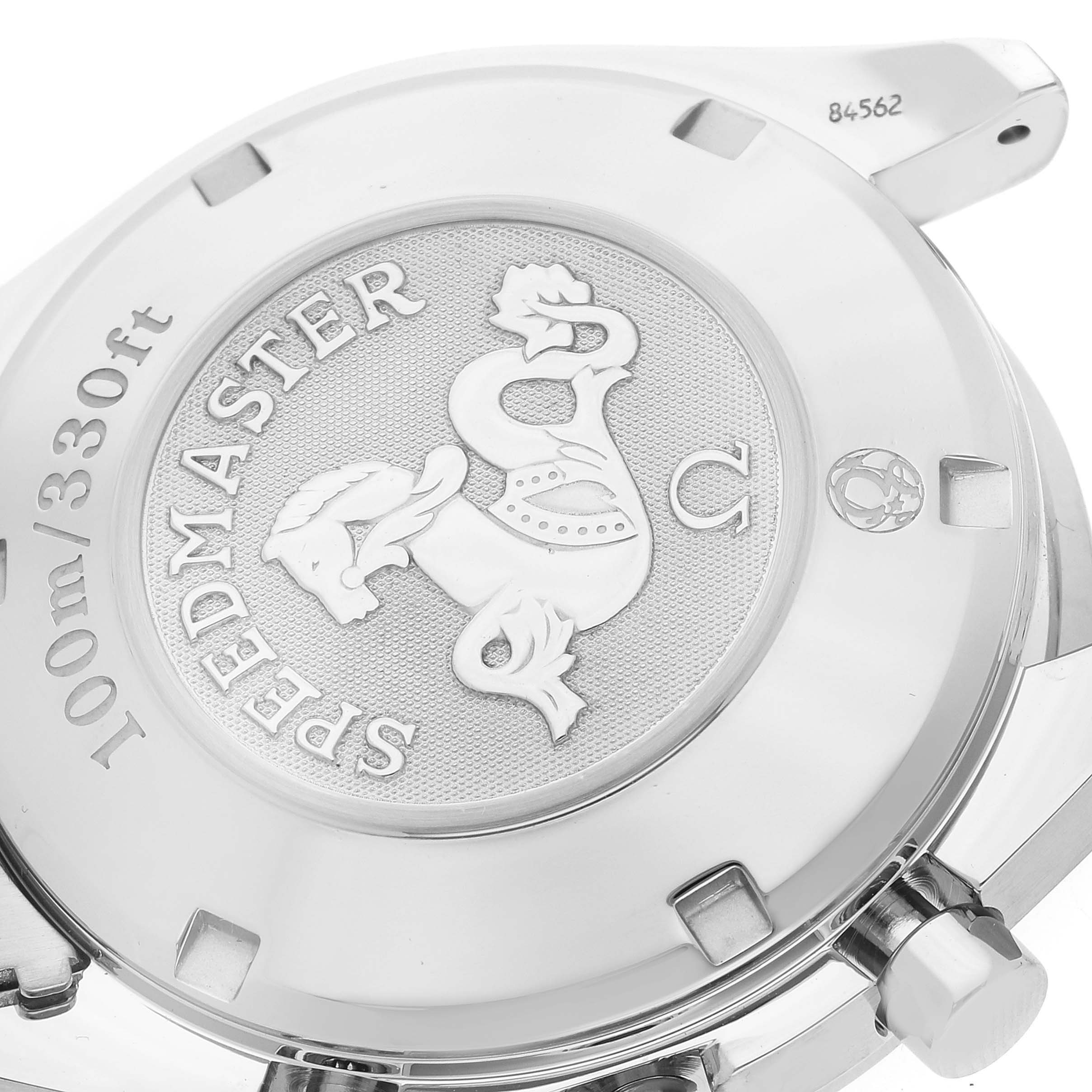 The image shows the case back of an Omega Speedmaster 3210.50.00 Men
s Stainless Steel Black Dial 3210.50.00 Men
s Stainless Steel Black Dial watch, displaying the embossed logo and water resistance rating.