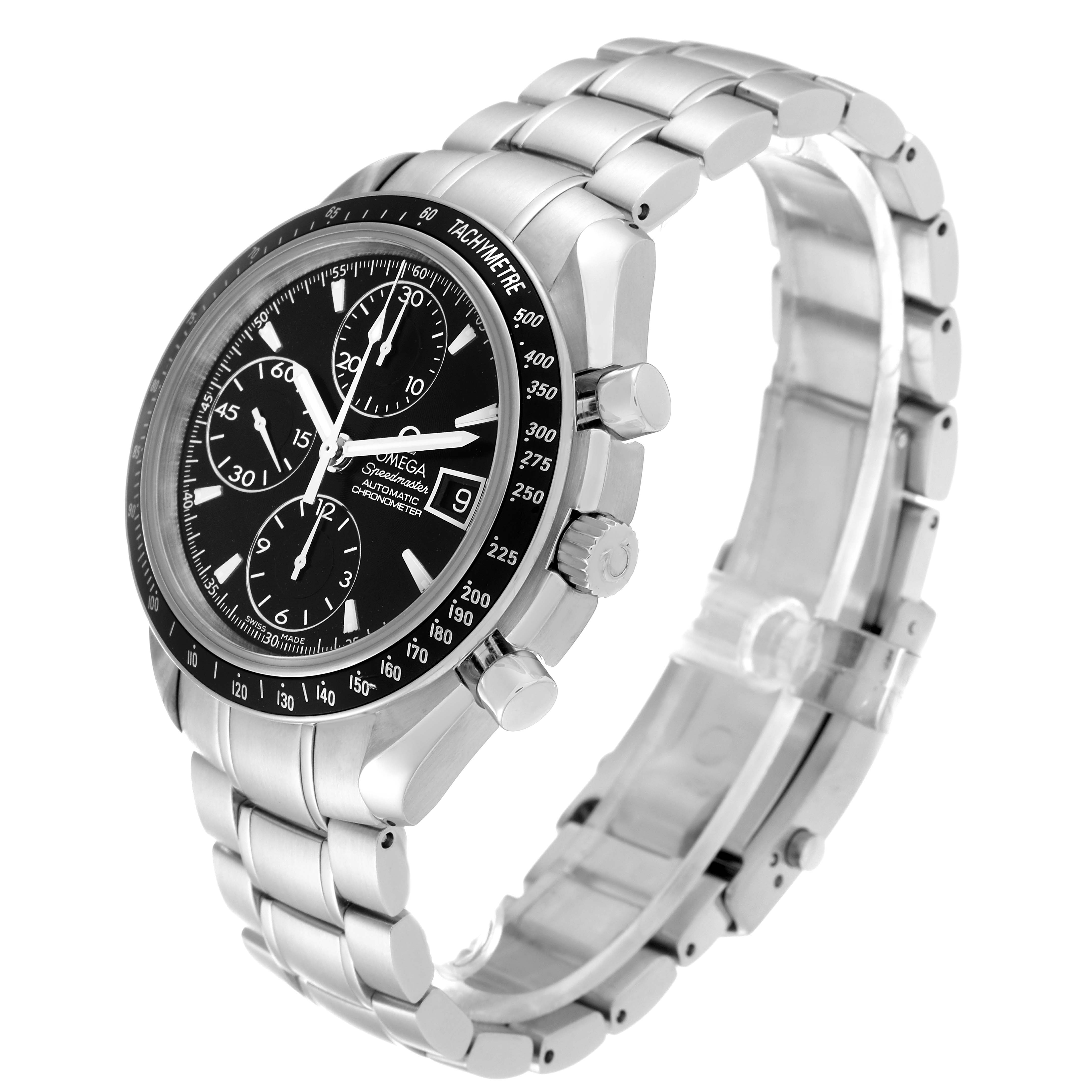 The image shows an oblique view of an Omega Speedmaster 3210.50.00 Men
s Stainless Steel Black Dial 3210.50.00 Men
s Stainless Steel Black Dial watch, featuring its black dial and stainless steel bracelet.