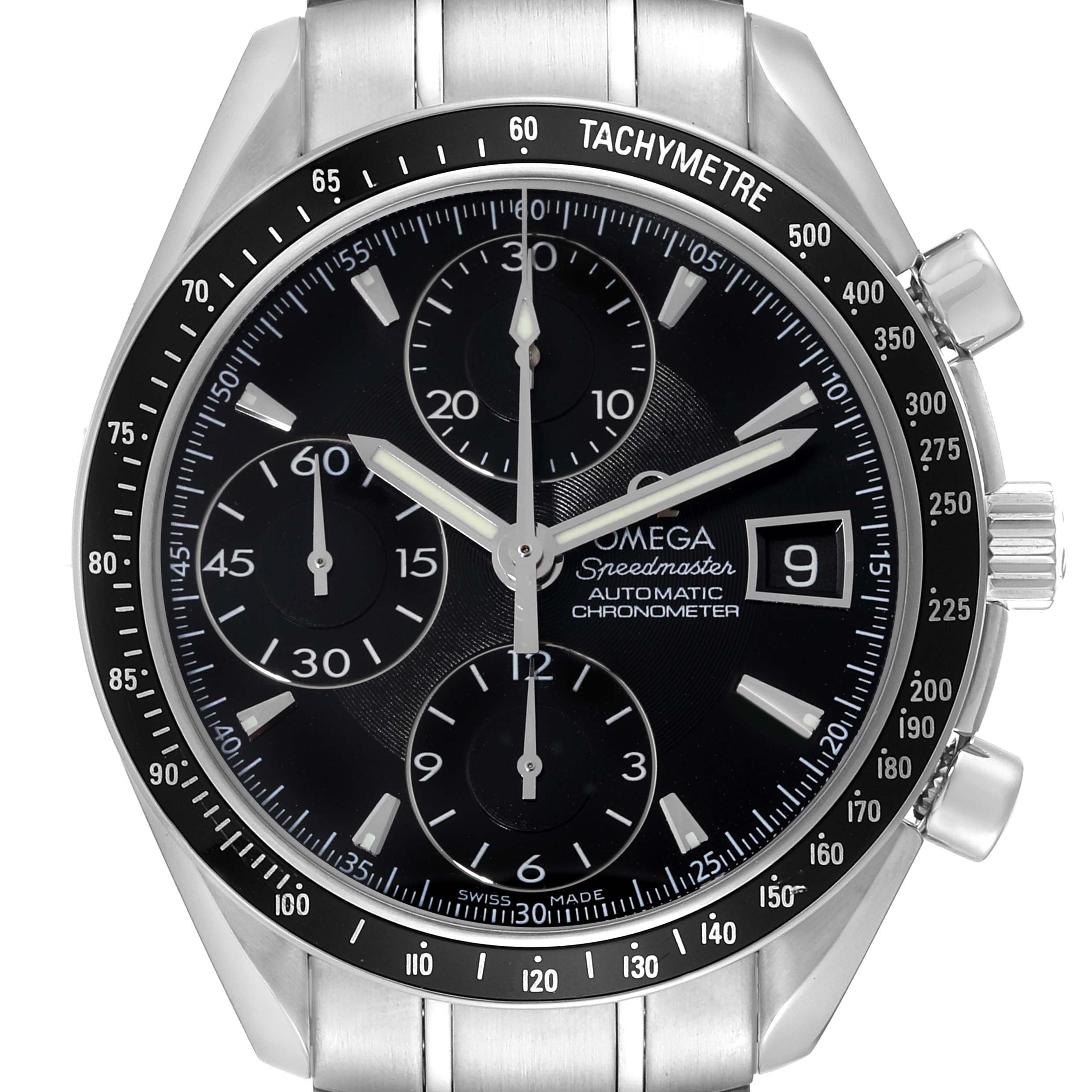 The image shows a front view of an Omega Speedmaster 3210.50.00 Men
s Stainless Steel Black Dial 3210.50.00 Men
s Stainless Steel Black Dial watch, highlighting the dial, bezel, and bracelet.