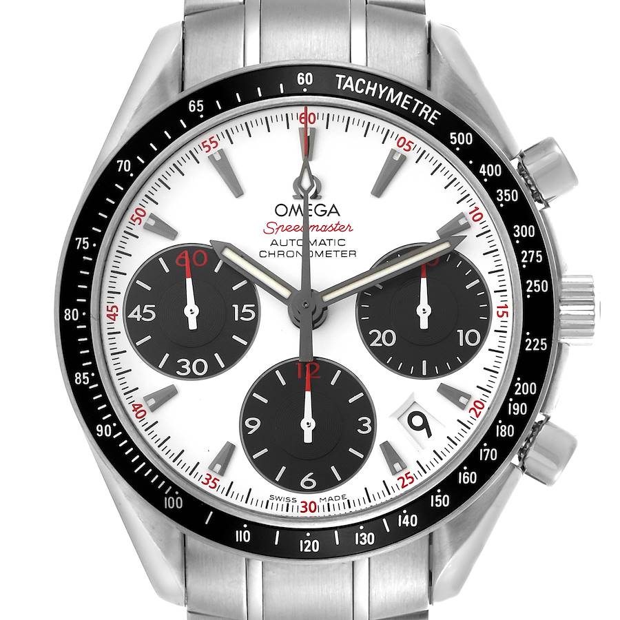 The Omega Speedmaster watch is shown from a front angle, displaying the dial, sub-dials, tachymeter bezel, and part of the bracelet.