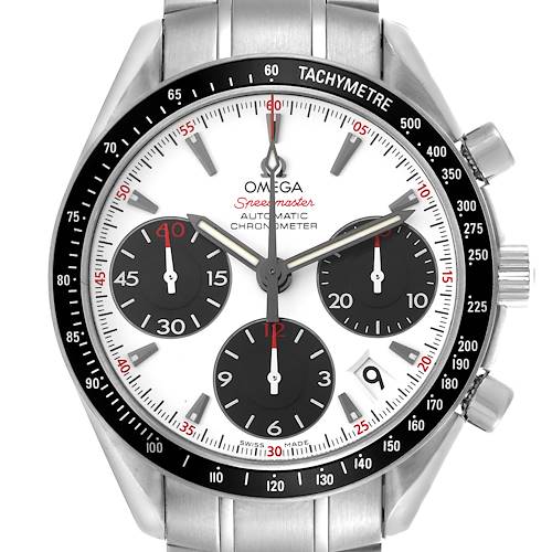 The Omega Speedmaster watch is shown from a front angle, displaying the dial, subdials, tachymeter bezel, and part of the bracelet.