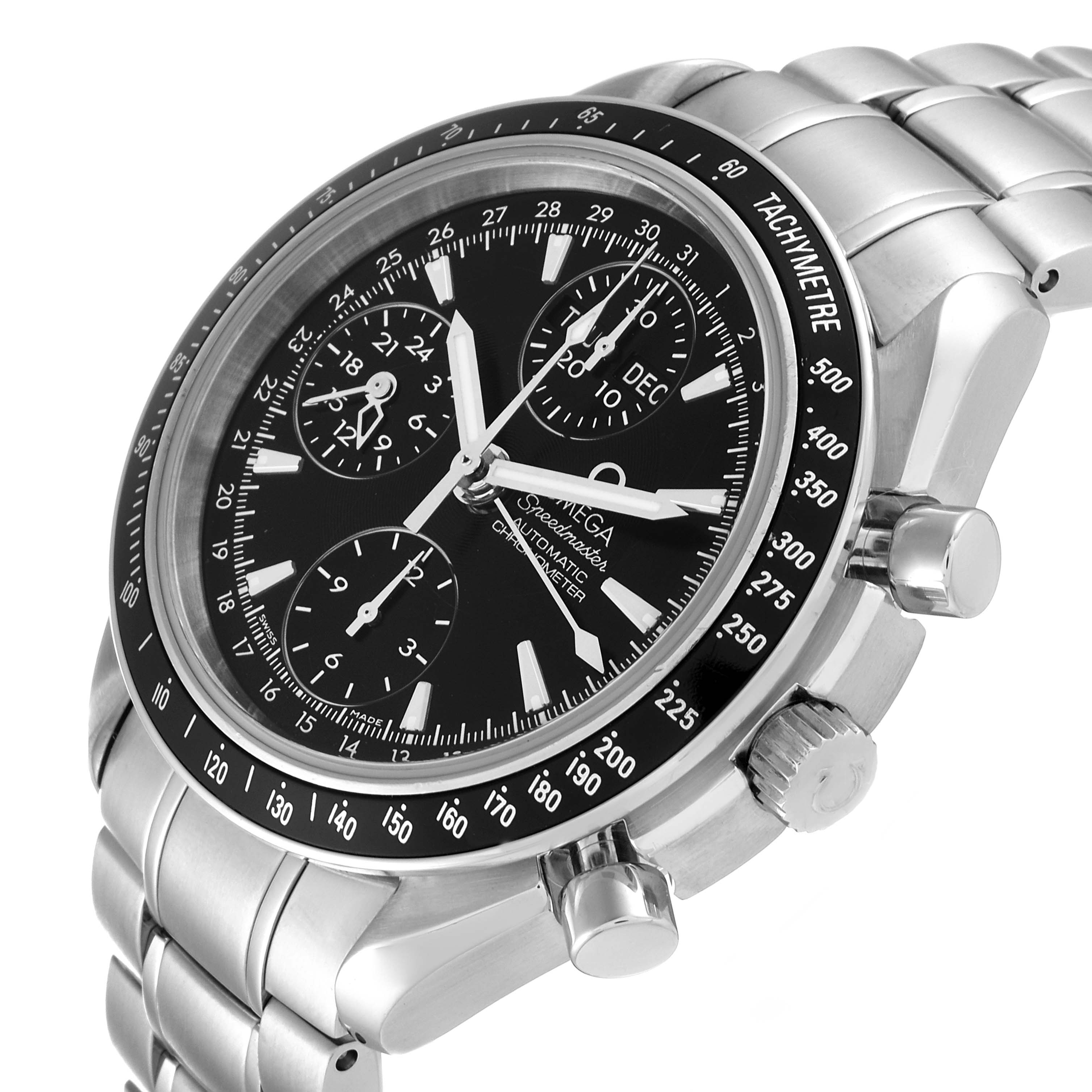 This image shows a side and partial front angle of the Omega Speedmaster 3220.50.00 Men
s Stainless Steel Black Dial 3220.50.00 Men
s Stainless Steel Black Dial watch, highlighting the bezel, crown, and chronograph pushers.