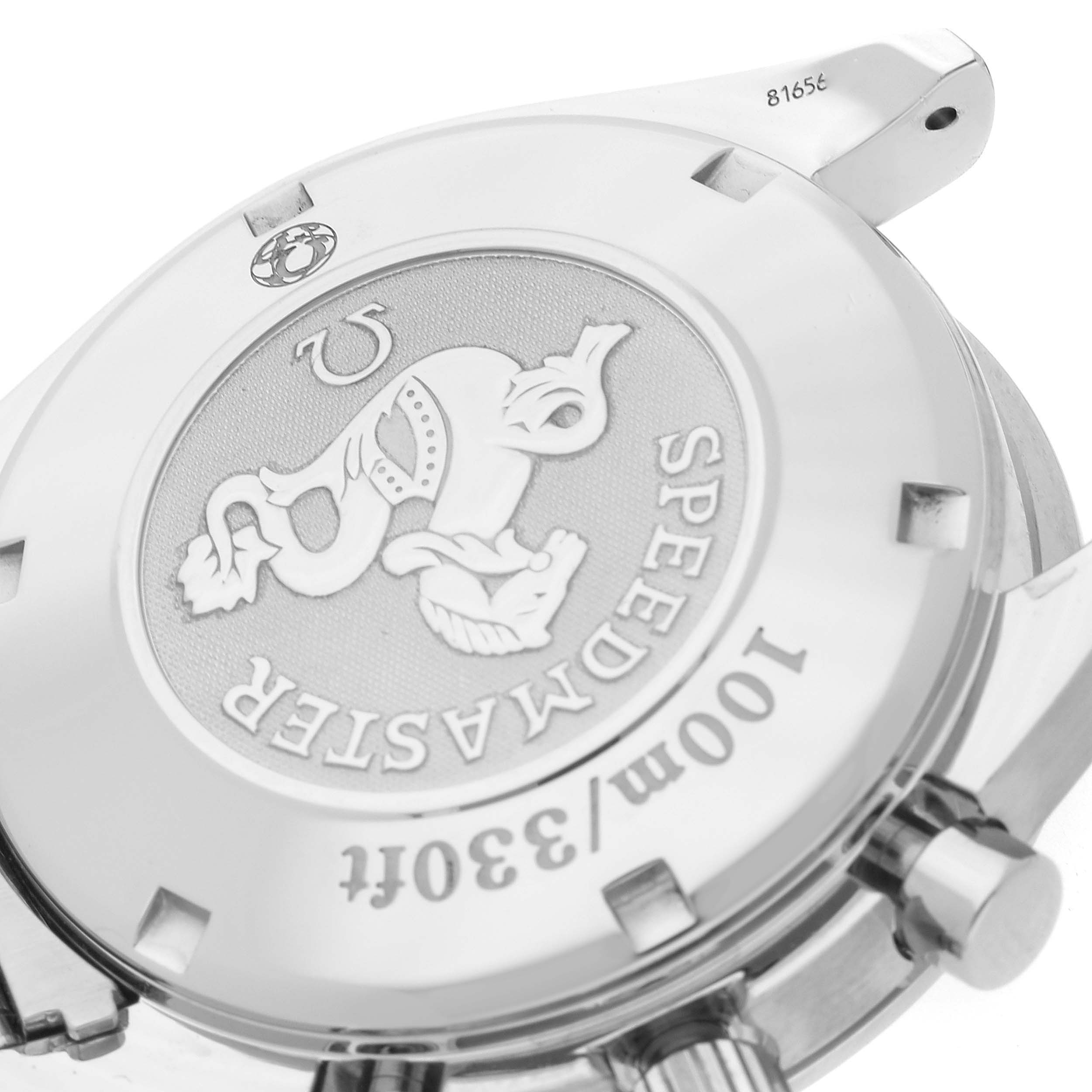 The image shows the caseback of an Omega Speedmaster 3220.50.00 Men
s Stainless Steel Black Dial 3220.50.00 Men
s Stainless Steel Black Dial watch, featuring the Speedmaster logo and specifications.