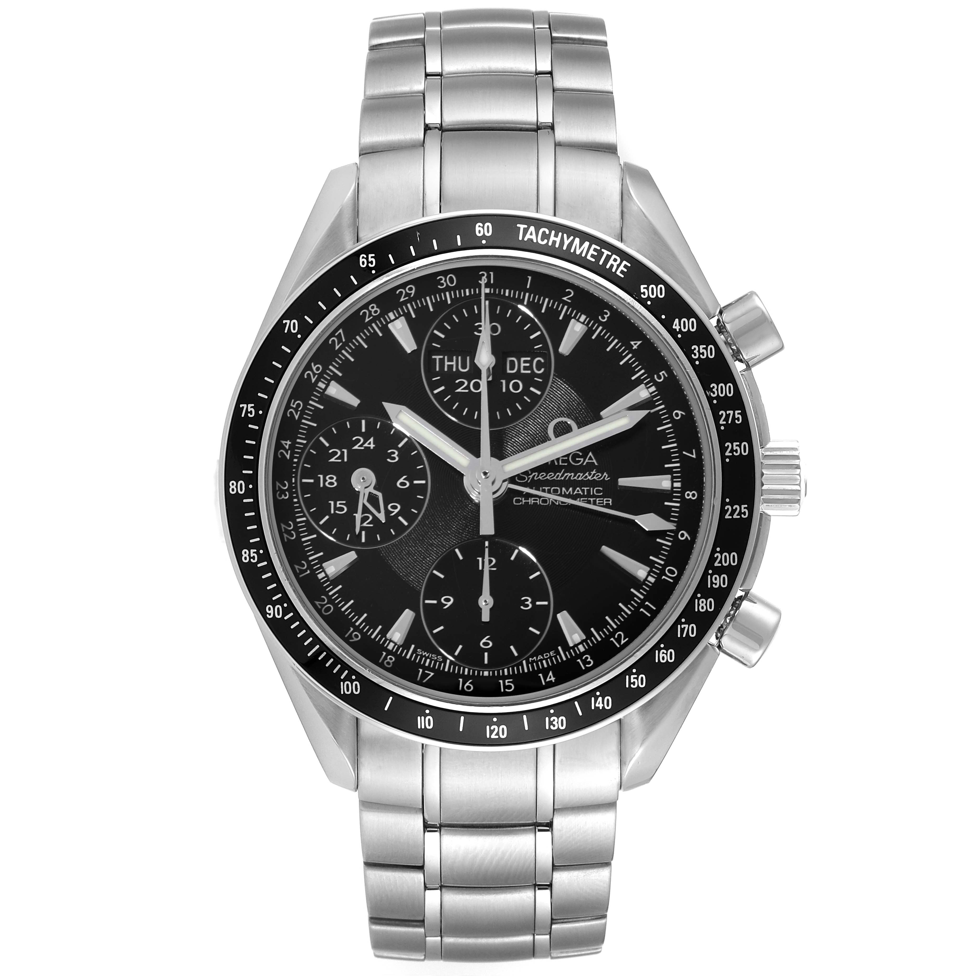 The image shows a front view of an Omega Speedmaster 3220.50.00 Men
s Stainless Steel Black Dial 3220.50.00 Men
s Stainless Steel Black Dial watch, displaying its face, bezel, and bracelet.