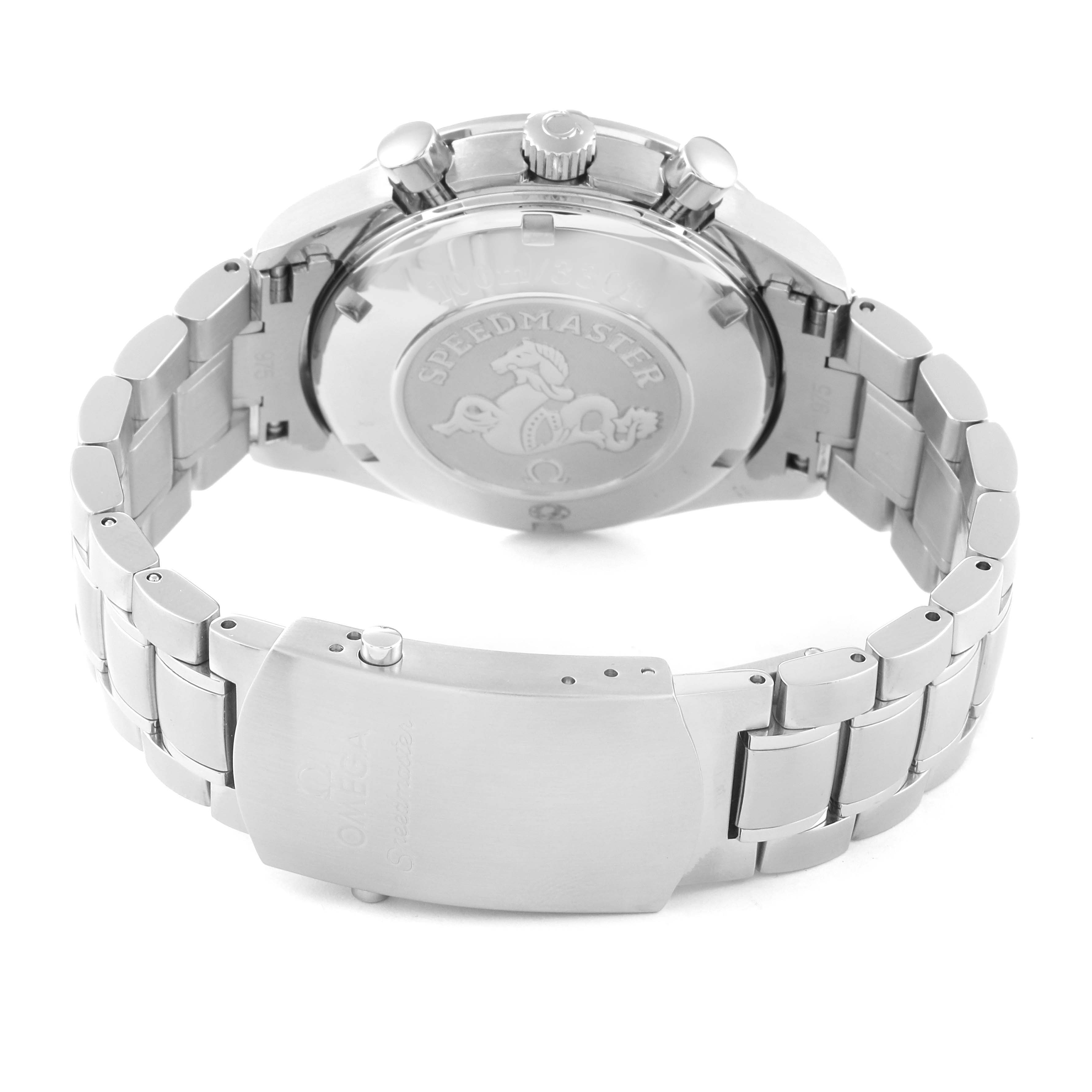 This image shows the back case and bracelet clasp of the Omega Speedmaster 3220.50.00 Men
s Stainless Steel Black Dial 3220.50.00 Men
s Stainless Steel Black Dial watch from a rear-angle view.