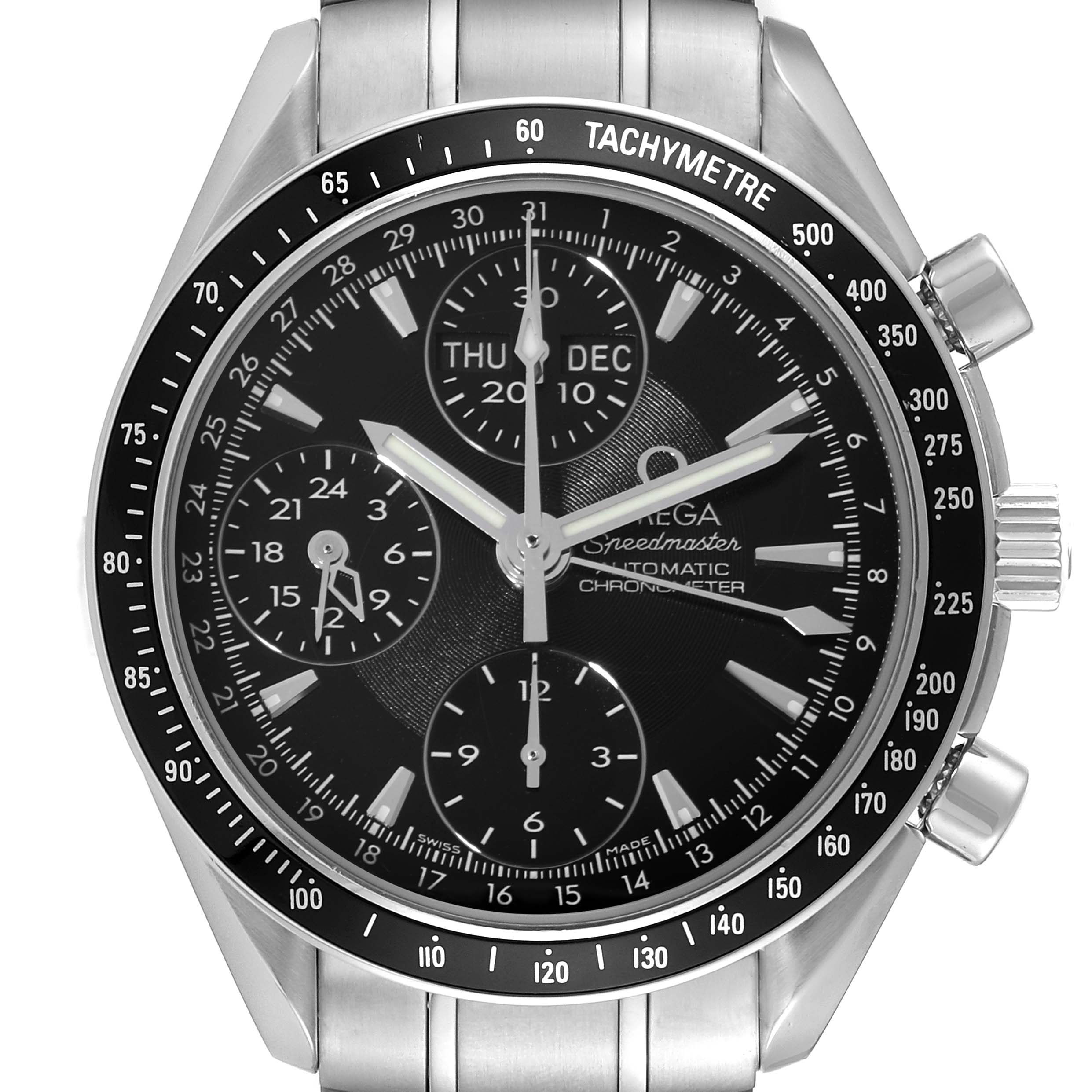 The image shows a front view of an Omega Speedmaster 3220.50.00 Men
s Stainless Steel Black Dial 3220.50.00 Men
s Stainless Steel Black Dial watch, displaying its dial, subdials, bezel, and tachymeter scale.