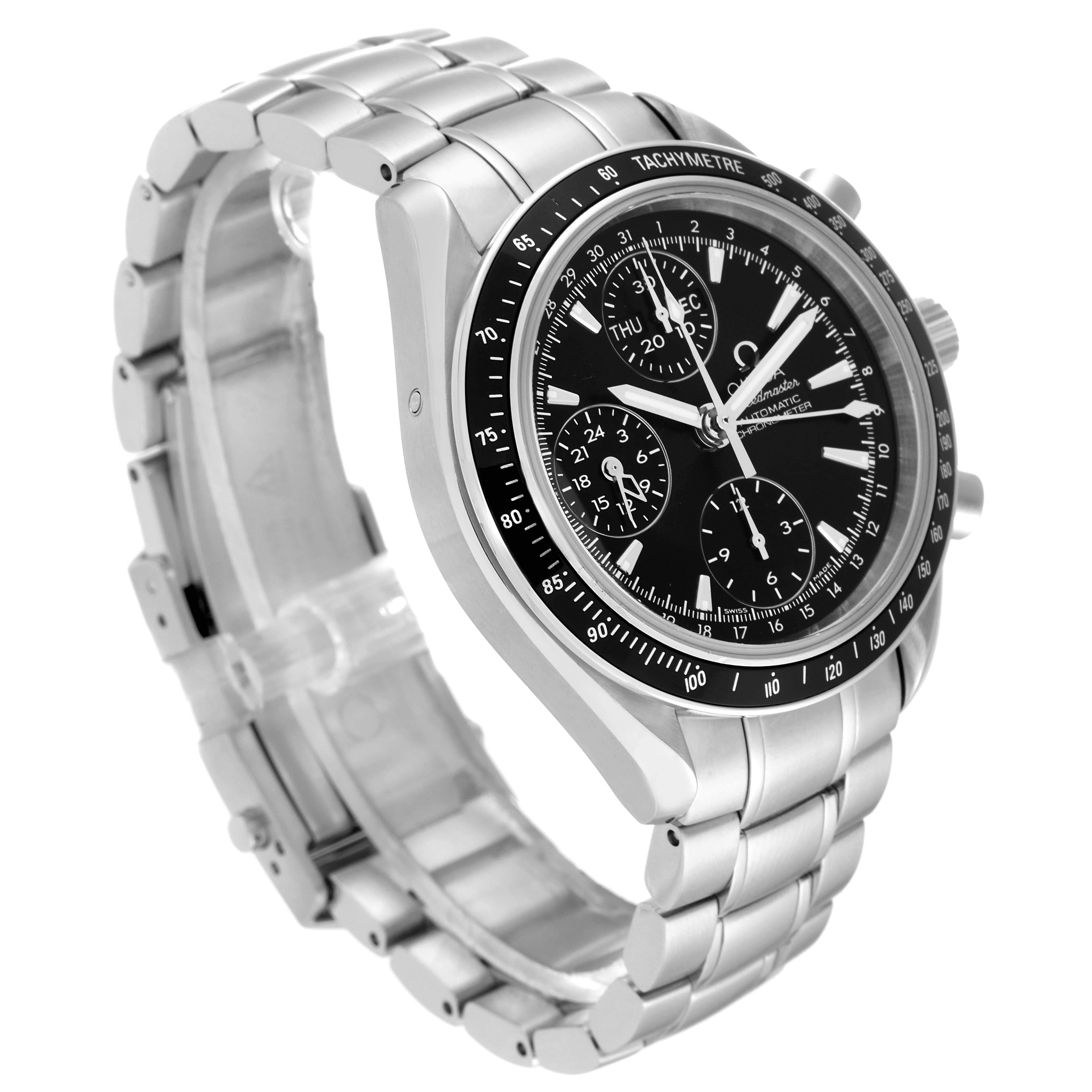 This Omega Speedmaster 3220.50.00 Men
s Stainless Steel Black Dial 3220.50.00 Men
s Stainless Steel Black Dial watch is shown at a three-quarter angle, highlighting its face, bracelet, and tachymeter bezel.