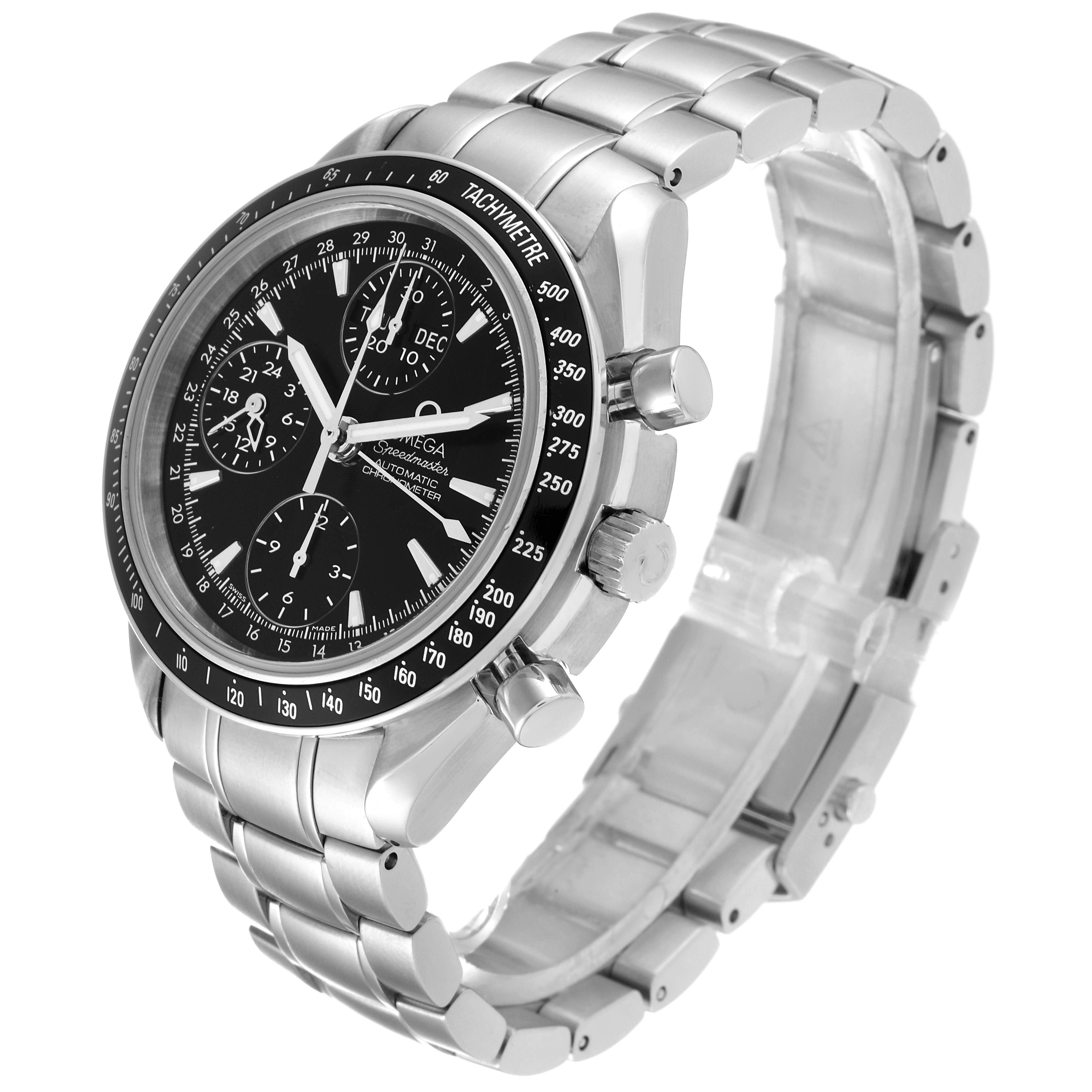 The Omega Speedmaster 3220.50.00 Men
s Stainless Steel Black Dial 3220.50.00 Men
s Stainless Steel Black Dial watch is shown from a front-side angle, highlighting the dial, subdials, crown, pushers, and metal bracelet.