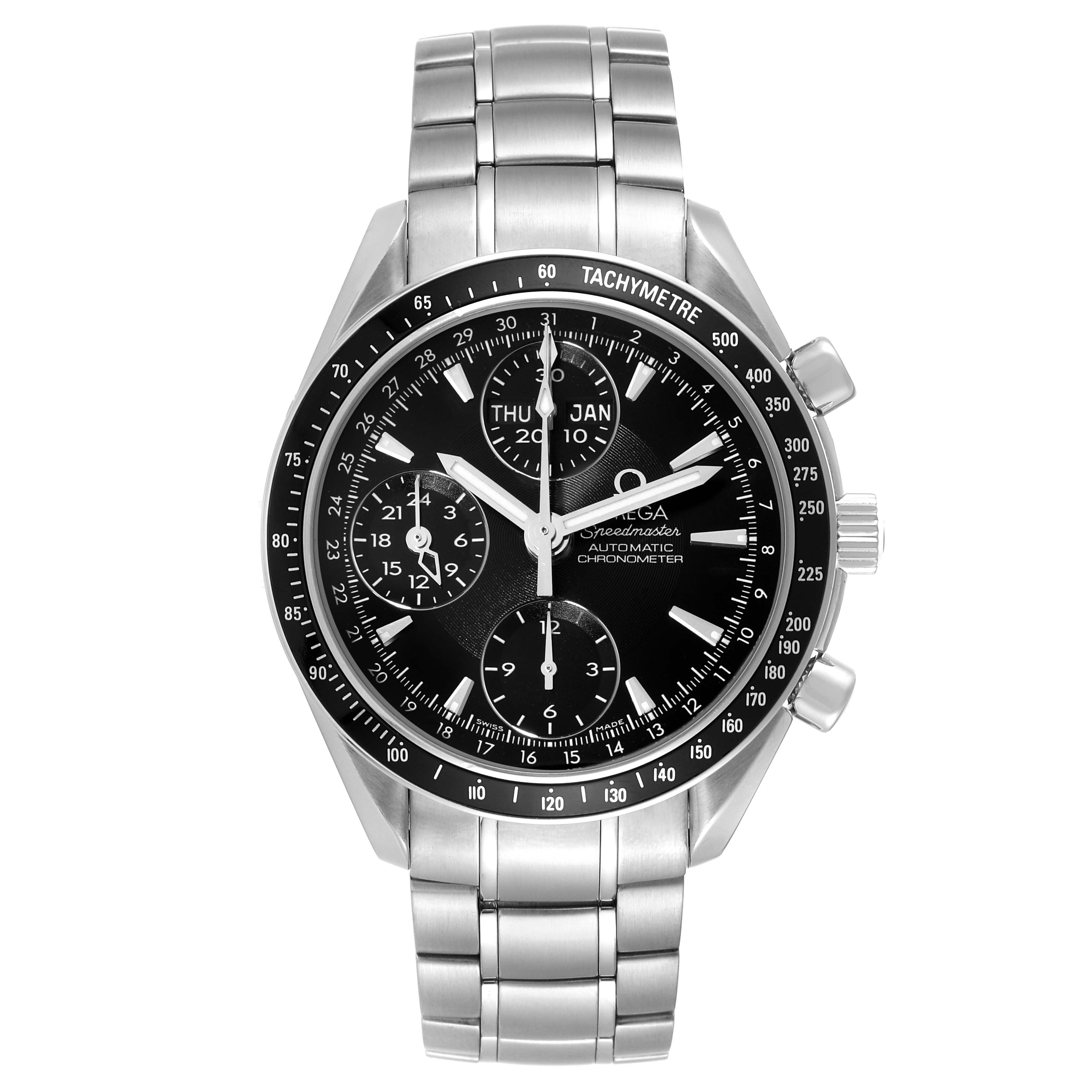 The Omega Speedmaster 3220.50.00 Men
s Stainless Steel Black Dial 3220.50.00 Men
s Stainless Steel Black Dial watch is shown from the front angle, displaying its face, bezel, and metal bracelet.