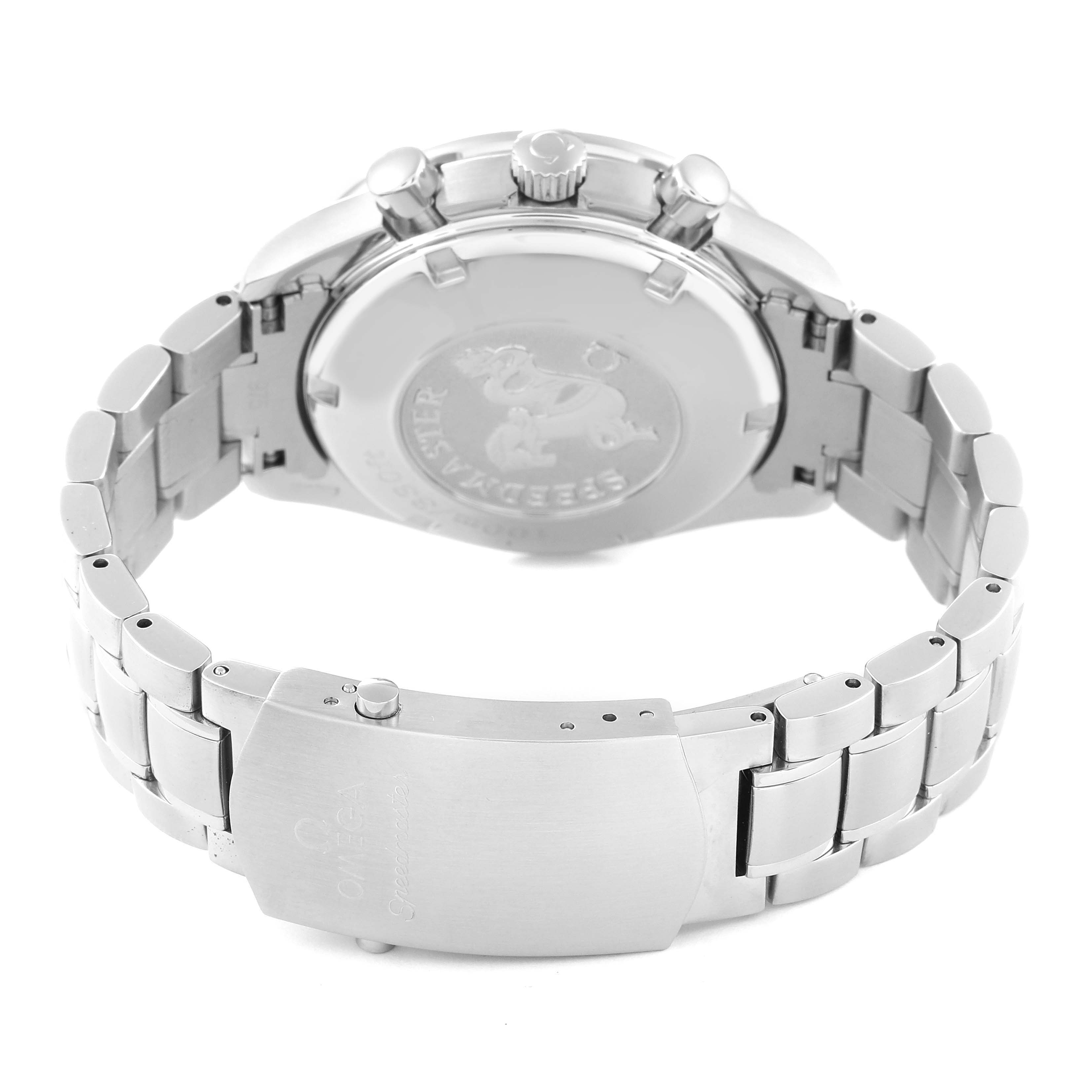 The image shows the back of an Omega Speedmaster 3220.50.00 Men
s Stainless Steel Black Dial 3220.50.00 Men
s Stainless Steel Black Dial watch, highlighting its clasp, bracelet, and case back.