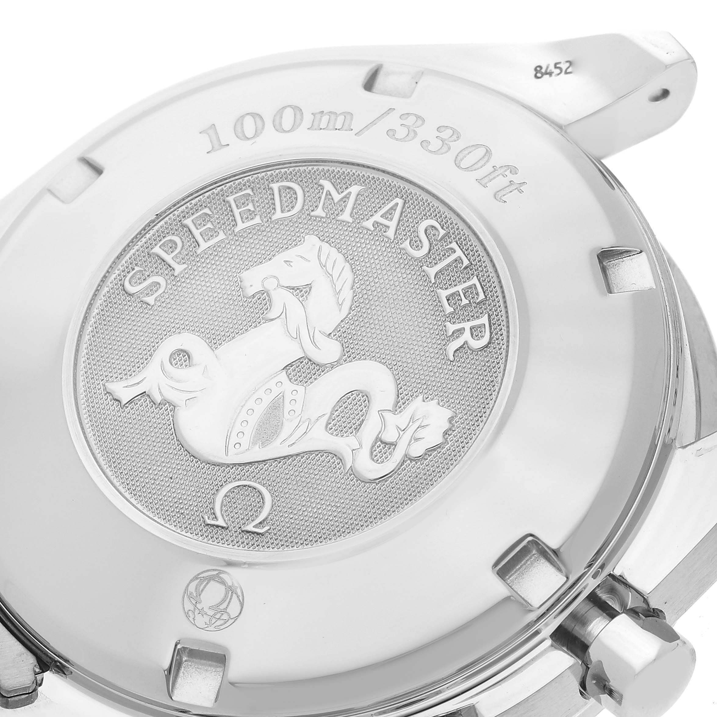 This image shows the back case of an Omega Speedmaster 3220.50.00 Men
s Stainless Steel Black Dial 3220.50.00 Men
s Stainless Steel Black Dial watch, displaying the model name and water resistance rating.