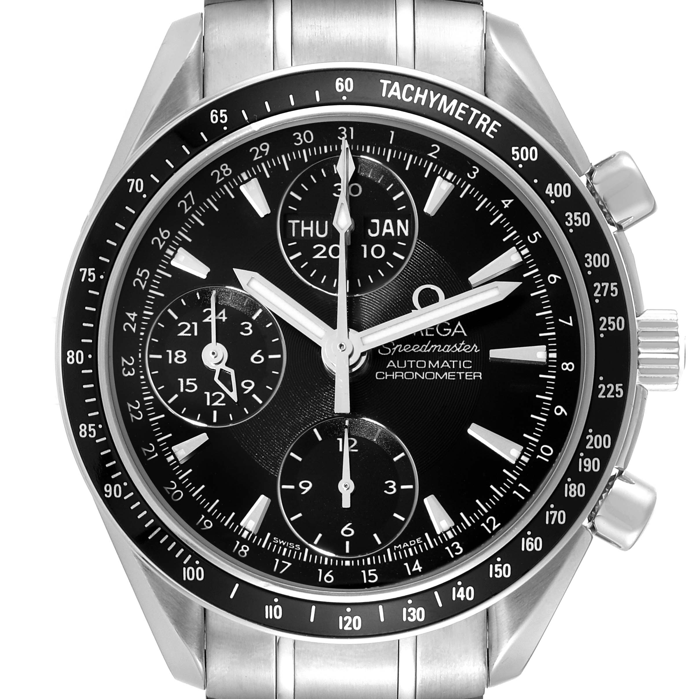 The image shows a frontal view of an Omega Speedmaster 3220.50.00 Men
s Stainless Steel Black Dial 3220.50.00 Men
s Stainless Steel Black Dial watch, highlighting its dial, subdials, and tachymeter bezel.