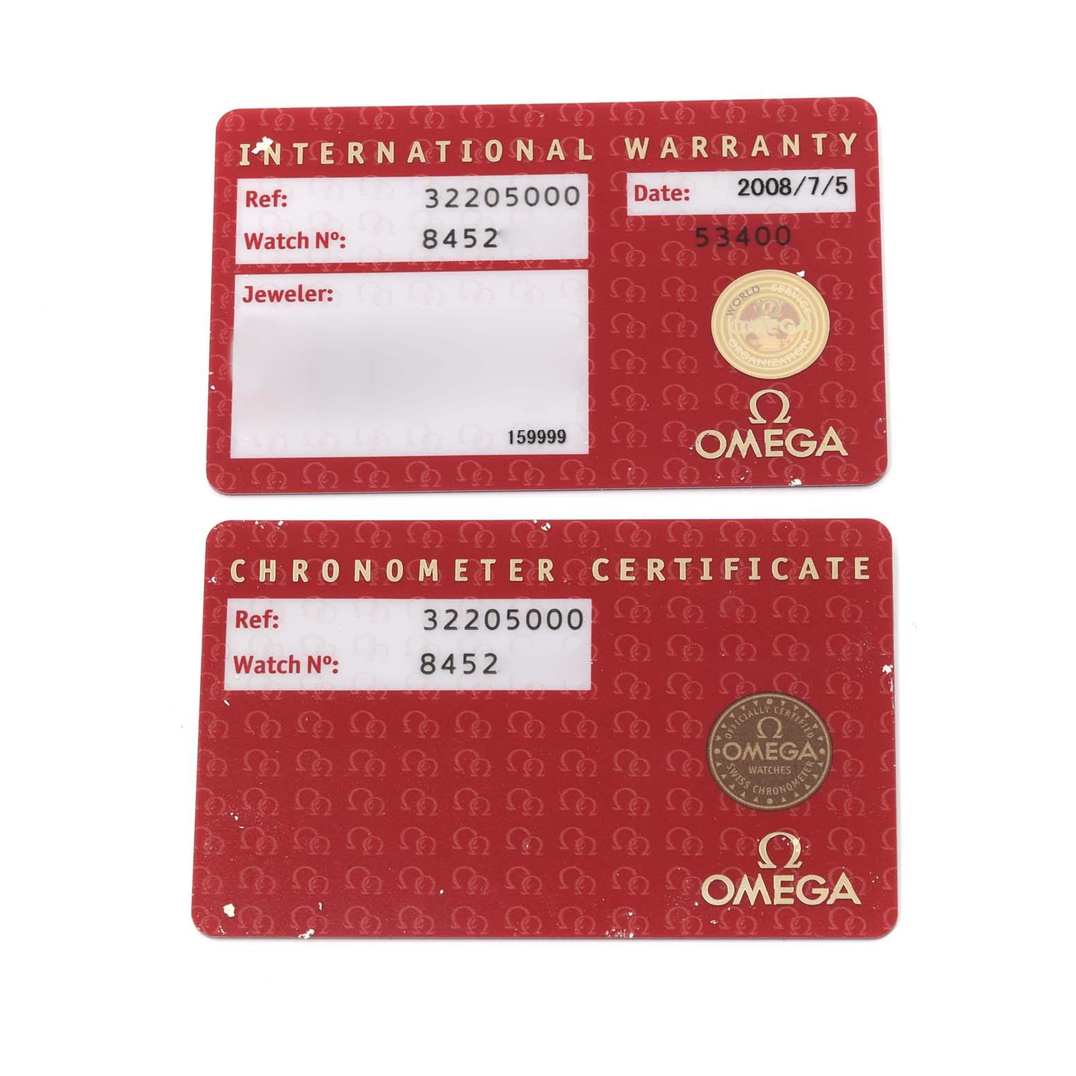 The image shows an Omega Speedmaster 3220.50.00 Men
s Stainless Steel Black Dial 3220.50.00 Men
s Stainless Steel Black Dial model
s International Warranty and Chronometer Certificate cards.