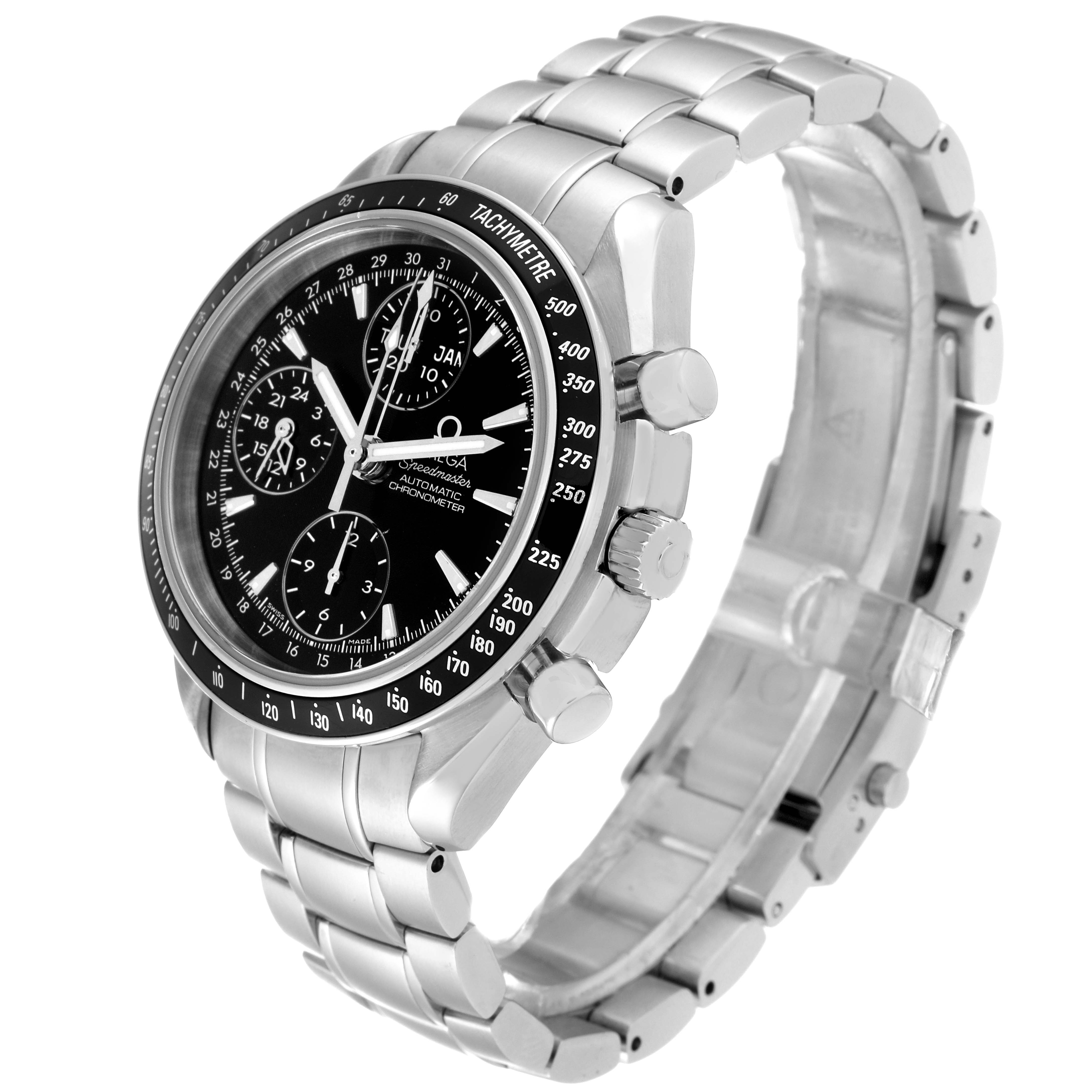The Omega Speedmaster 3220.50.00 Men
s Stainless Steel Black Dial 3220.50.00 Men
s Stainless Steel Black Dial watch is shown at a three-quarter angle highlighting the dial, bezel, and bracelet.