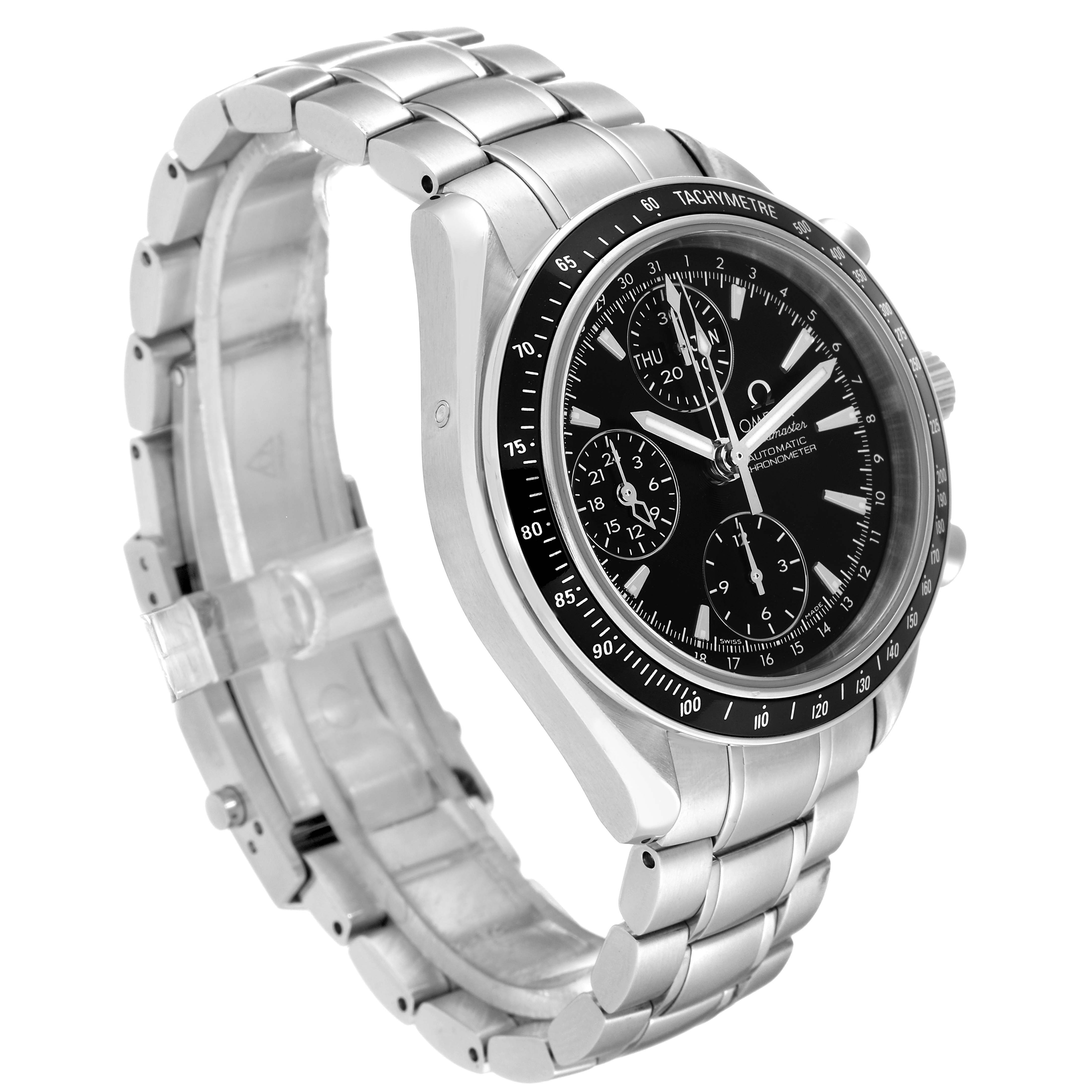 The image shows a three-quarters angle of an Omega Speedmaster 3220.50.00 Men
s Stainless Steel Black Dial 3220.50.00 Men
s Stainless Steel Black Dial watch, highlighting the face, bezel, and metal bracelet.