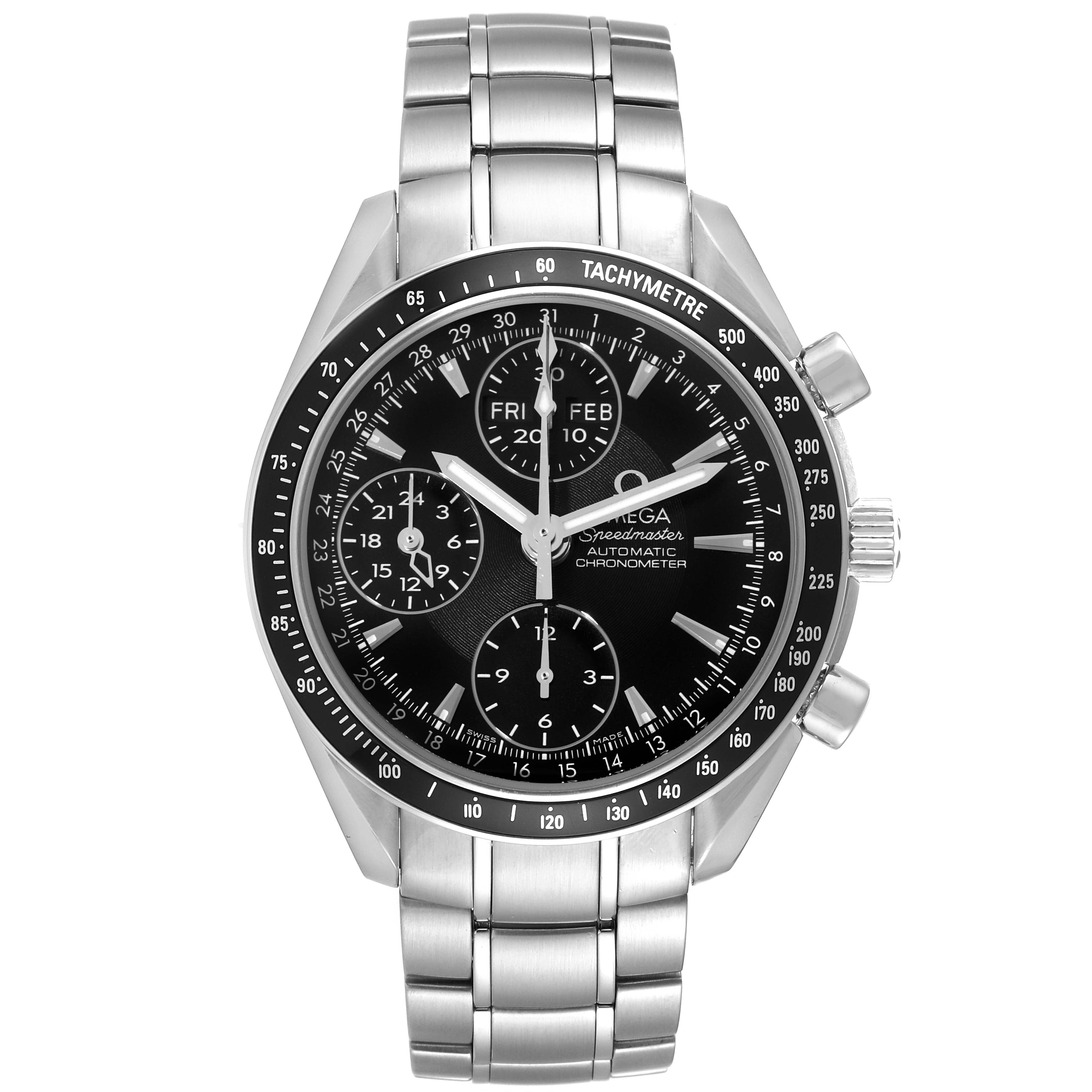 The Omega Speedmaster 3220.50.00 Men
s Stainless Steel Black Dial 3220.50.00 Men
s Stainless Steel Black Dial watch is shown from the front, displaying its dial, bezel, chronograph subdials, and stainless steel bracelet.