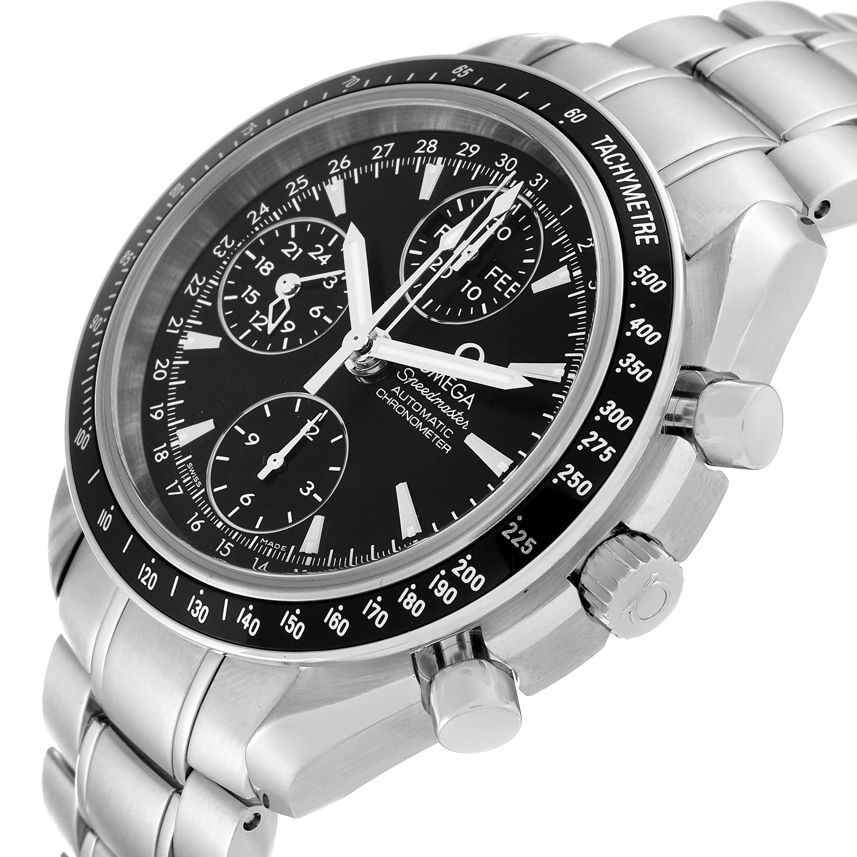 The Omega Speedmaster 3220.50.00 Men
s Stainless Steel Black Dial 3220.50.00 Men
s Stainless Steel Black Dial watch is shown from a three-quarter angle, displaying the dial, tachymeter bezel, and side buttons.