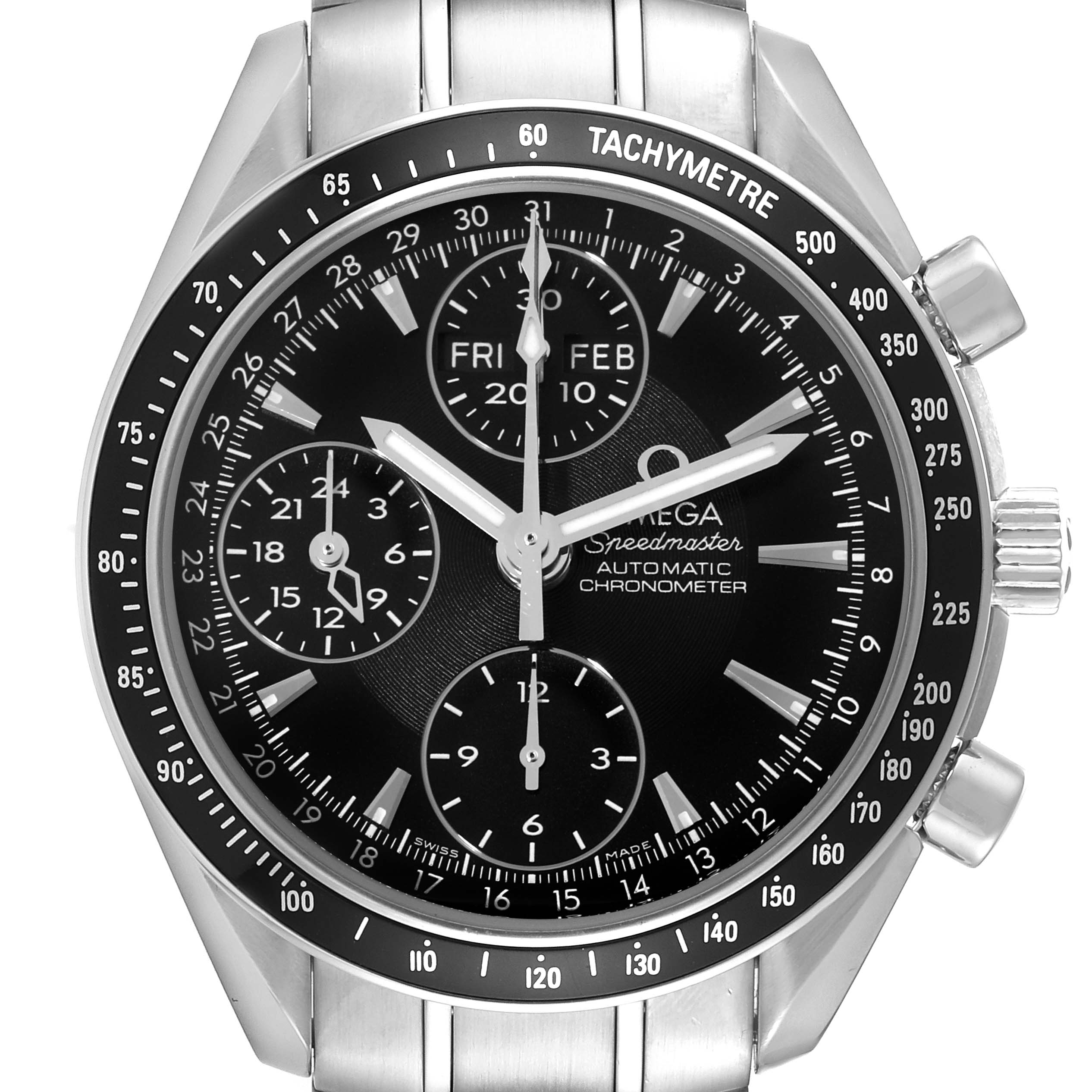 The Omega Speedmaster 3220.50.00 Men
s Stainless Steel Black Dial 3220.50.00 Men
s Stainless Steel Black Dial watch is shown from a front view, displaying the dial, hands, subdials, tachymeter bezel, and part of the bracelet.
