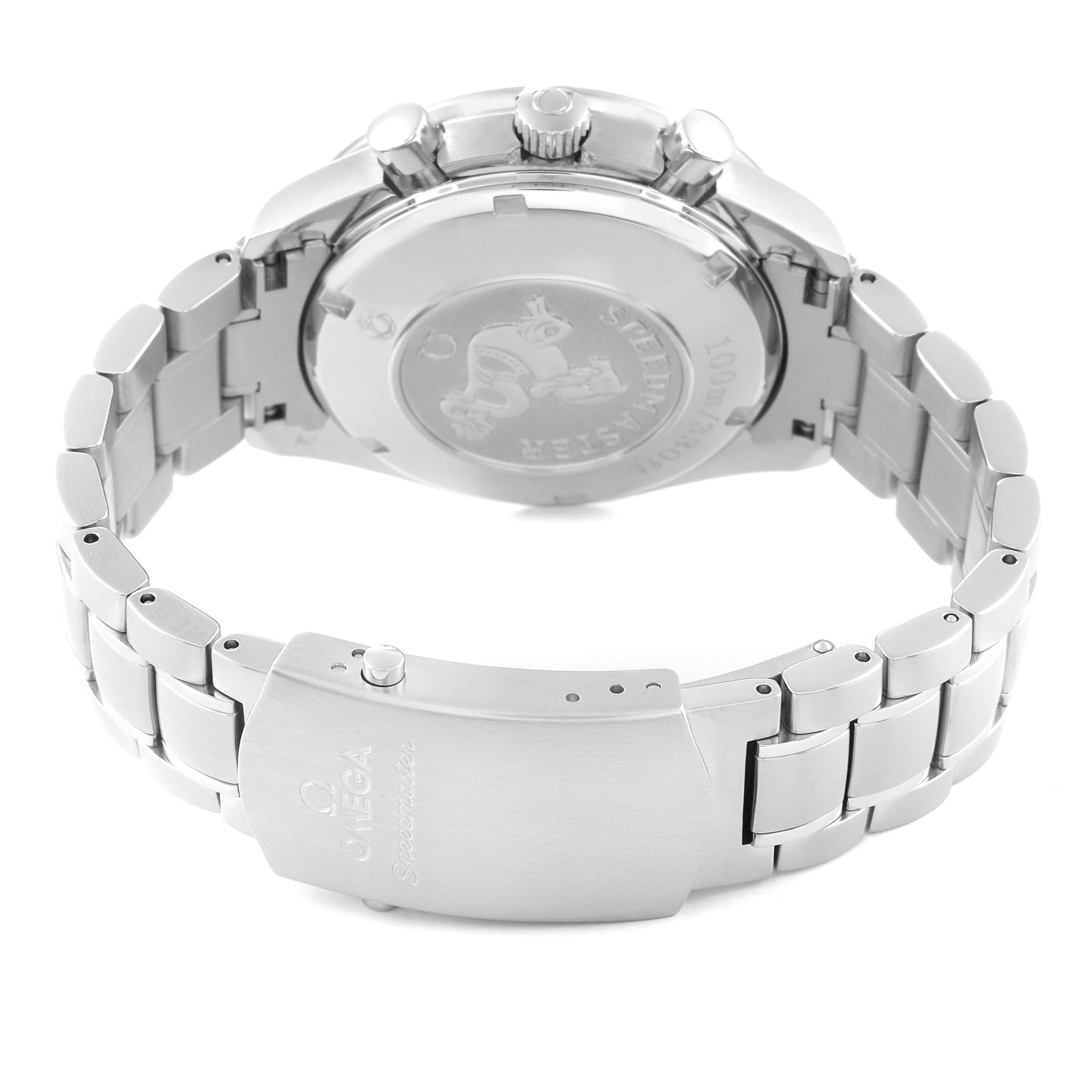 This image shows the back side, clasp, and bracelet of an Omega Speedmaster 3220.50.00 Men
s Stainless Steel Black Dial 3220.50.00 Men
s Stainless Steel Black Dial watch.