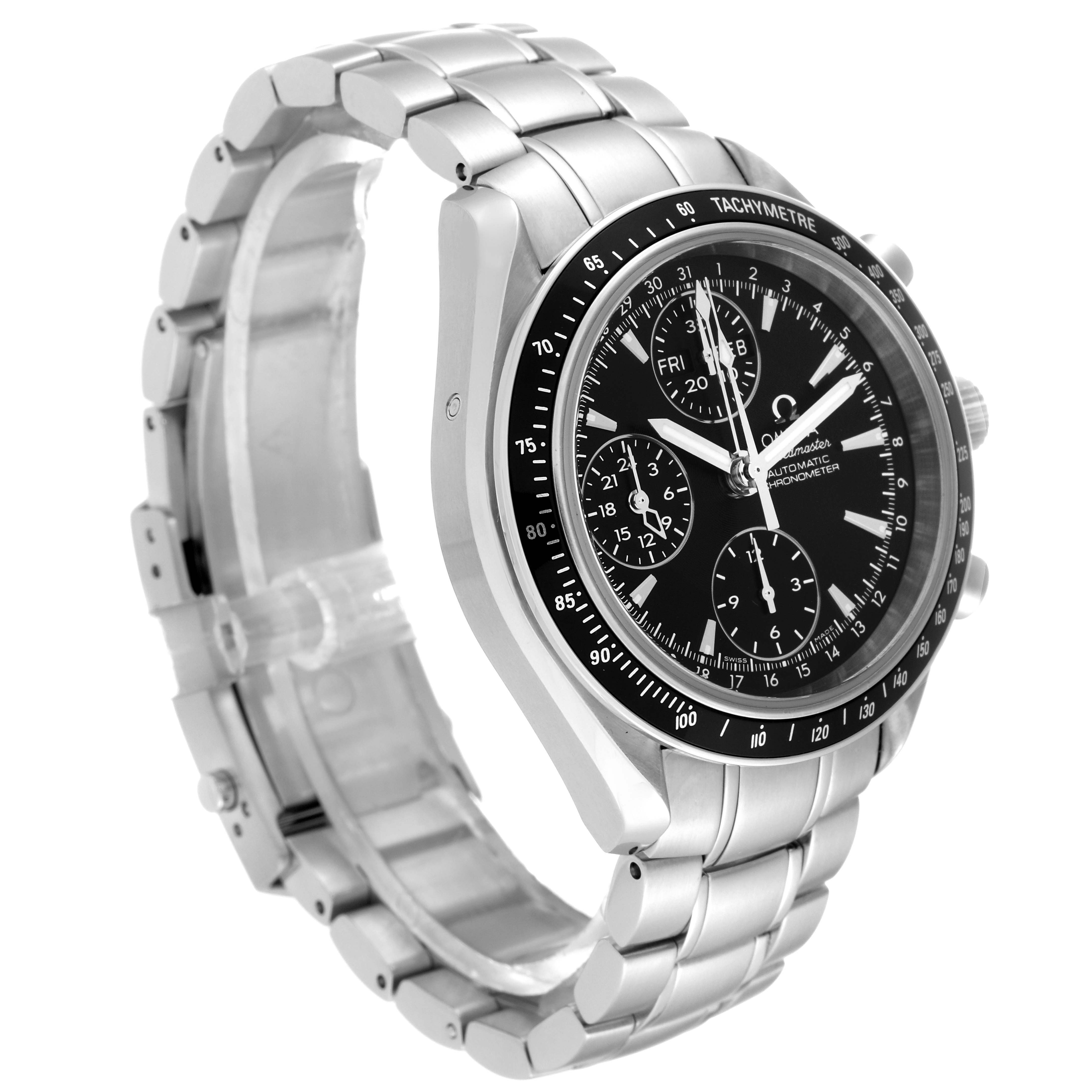 The image shows a side angle view of an Omega Speedmaster 3220.50.00 Men
s Stainless Steel Black Dial 3220.50.00 Men
s Stainless Steel Black Dial watch, highlighting its dial, bezel, and stainless steel bracelet.