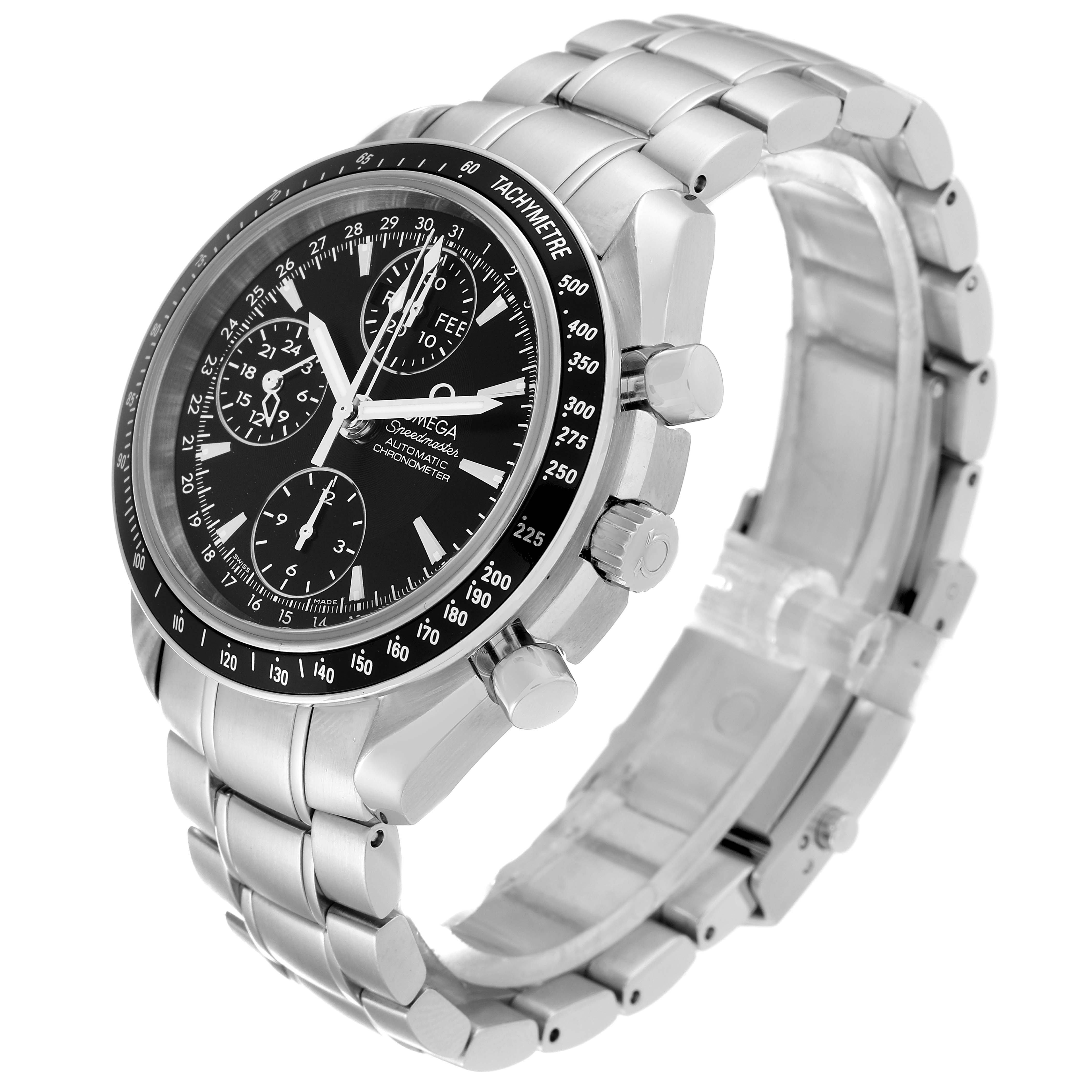 The image shows an Omega Speedmaster 3220.50.00 Men
s Stainless Steel Black Dial 3220.50.00 Men
s Stainless Steel Black Dial watch at a three-quarter angle, displaying the dial, bezel, crown, and bracelet.