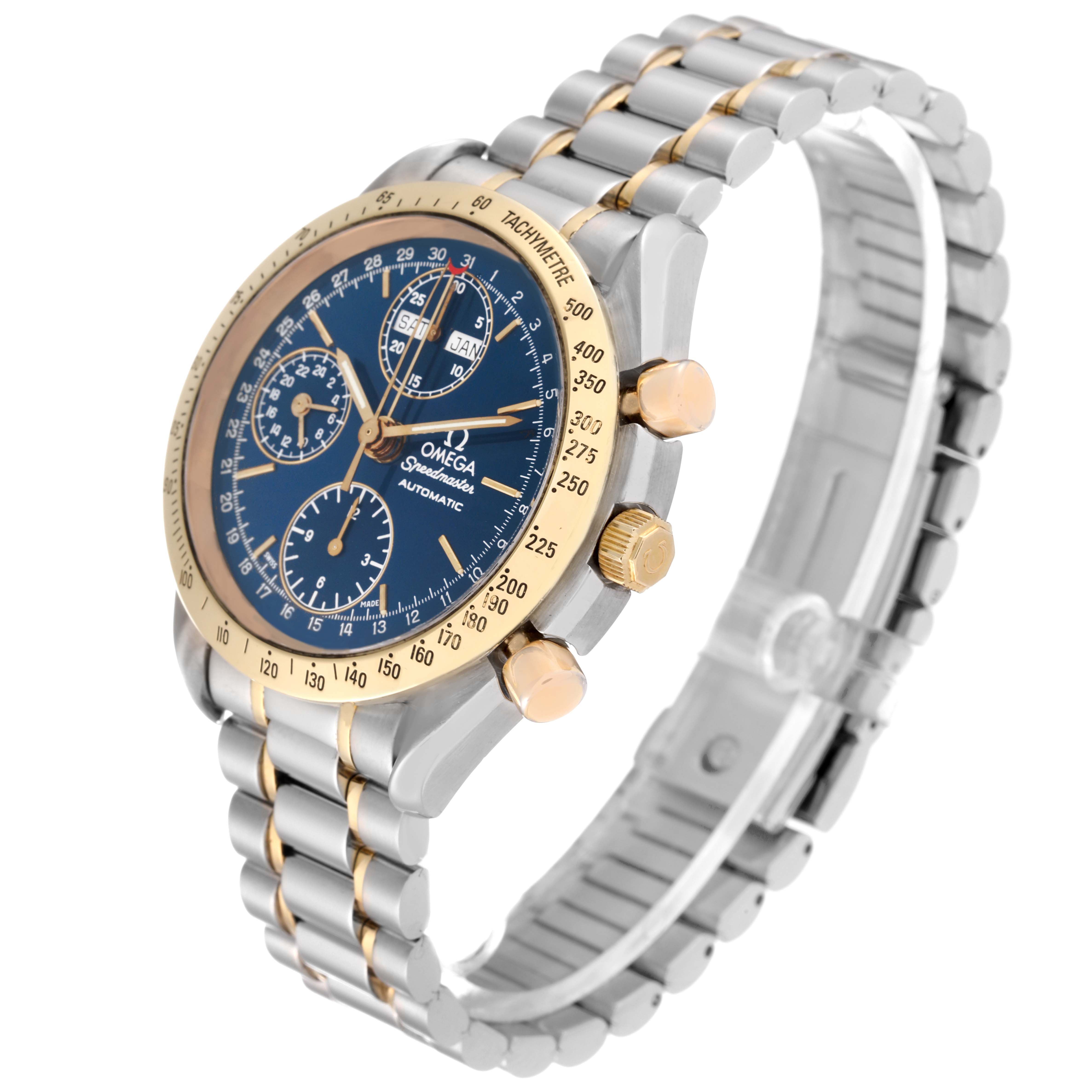 The Omega Speedmaster 3321.80.00 Men's Steel and Gold (two tone) Blue Dial 3321.80.00 Men's Steel and Gold (two tone) Blue Dial watch is shown at a tilted angle, highlighting the face, with its bezel, pushers, and bracelet visible.