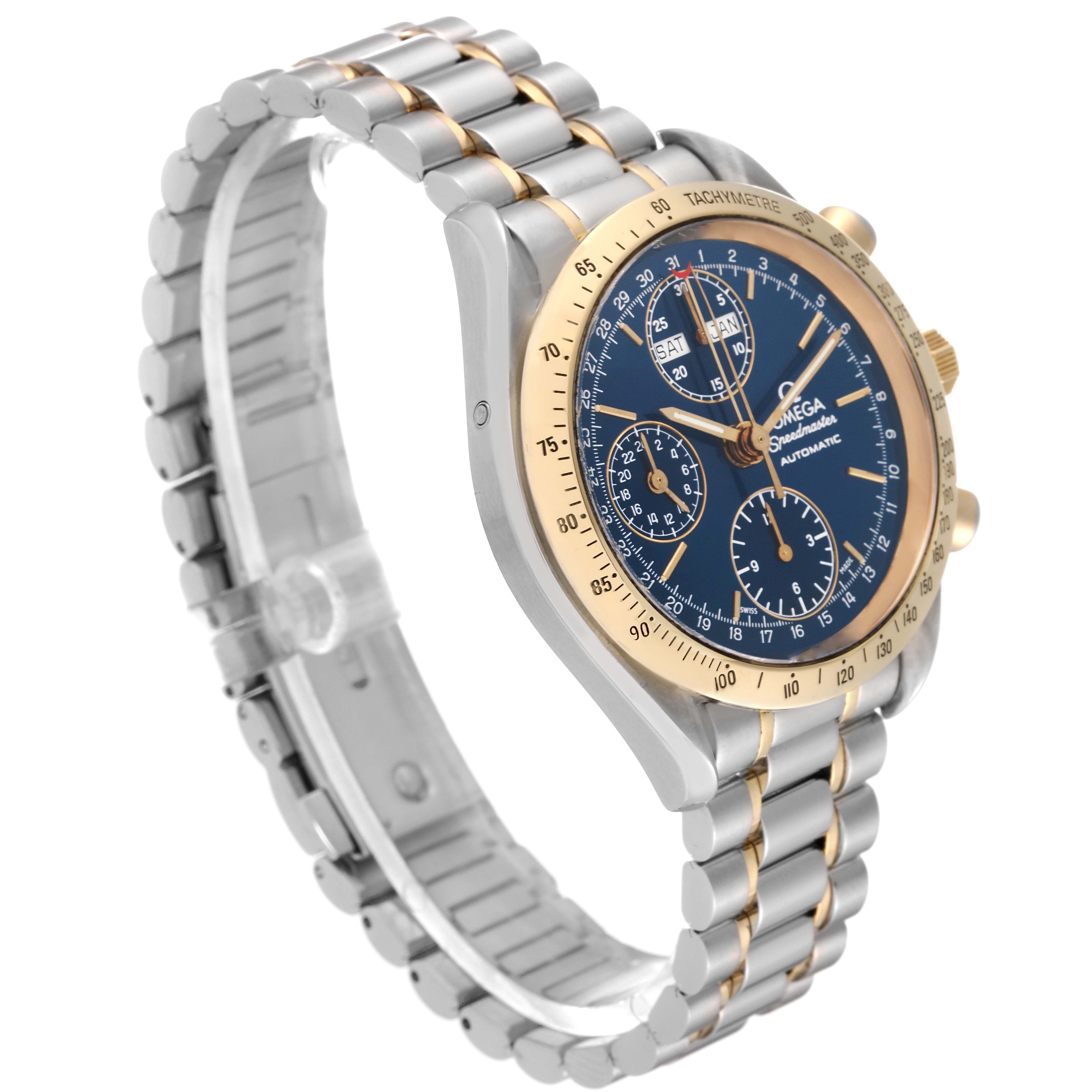 The image shows an angled side view of the Omega Speedmaster 3321.80.00 Men's Steel and Gold (two tone) Blue Dial 3321.80.00 Men's Steel and Gold (two tone) Blue Dial watch, highlighting its bracelet, bezel, and dial.