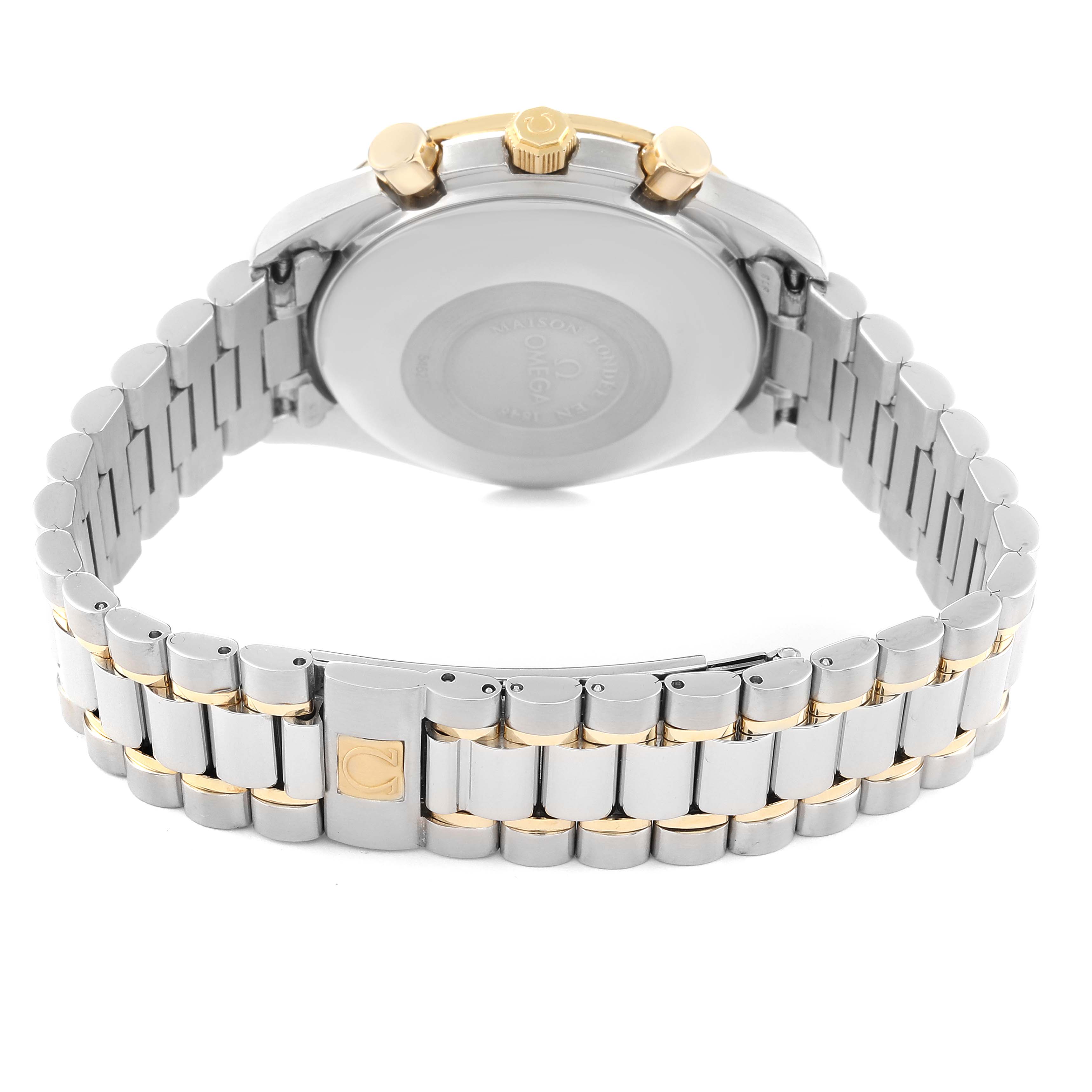 The image shows the back view of an Omega Speedmaster 3321.80.00 Men's Steel and Gold (two tone) Blue Dial 3321.80.00 Men's Steel and Gold (two tone) Blue Dial watch, displaying the bracelet and case back.