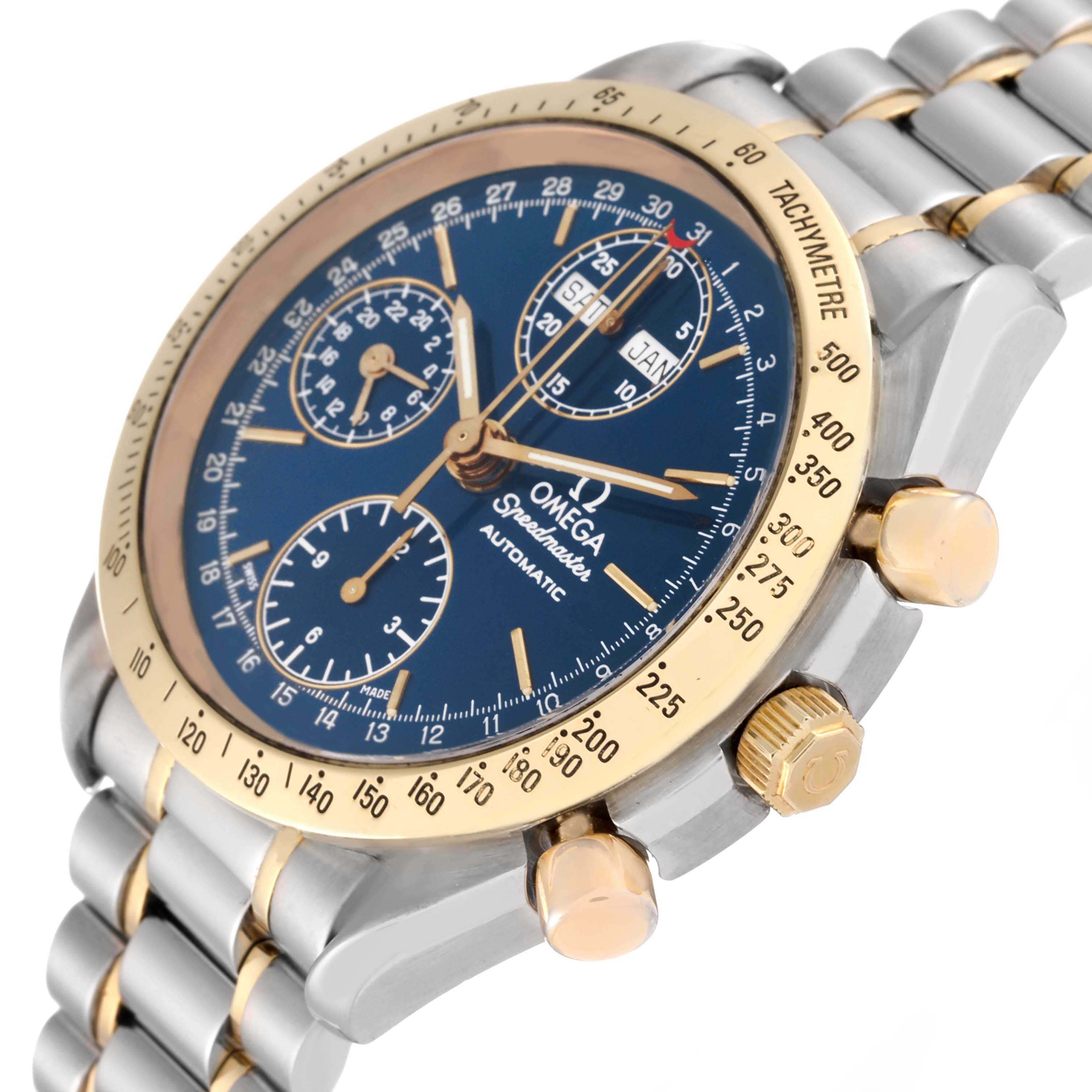 This Omega Speedmaster 3321.80.00 Men's Steel and Gold (two tone) Blue Dial 3321.80.00 Men's Steel and Gold (two tone) Blue Dial watch is shown at an angled view, highlighting its face, bezel, crown, and part of the bracelet.